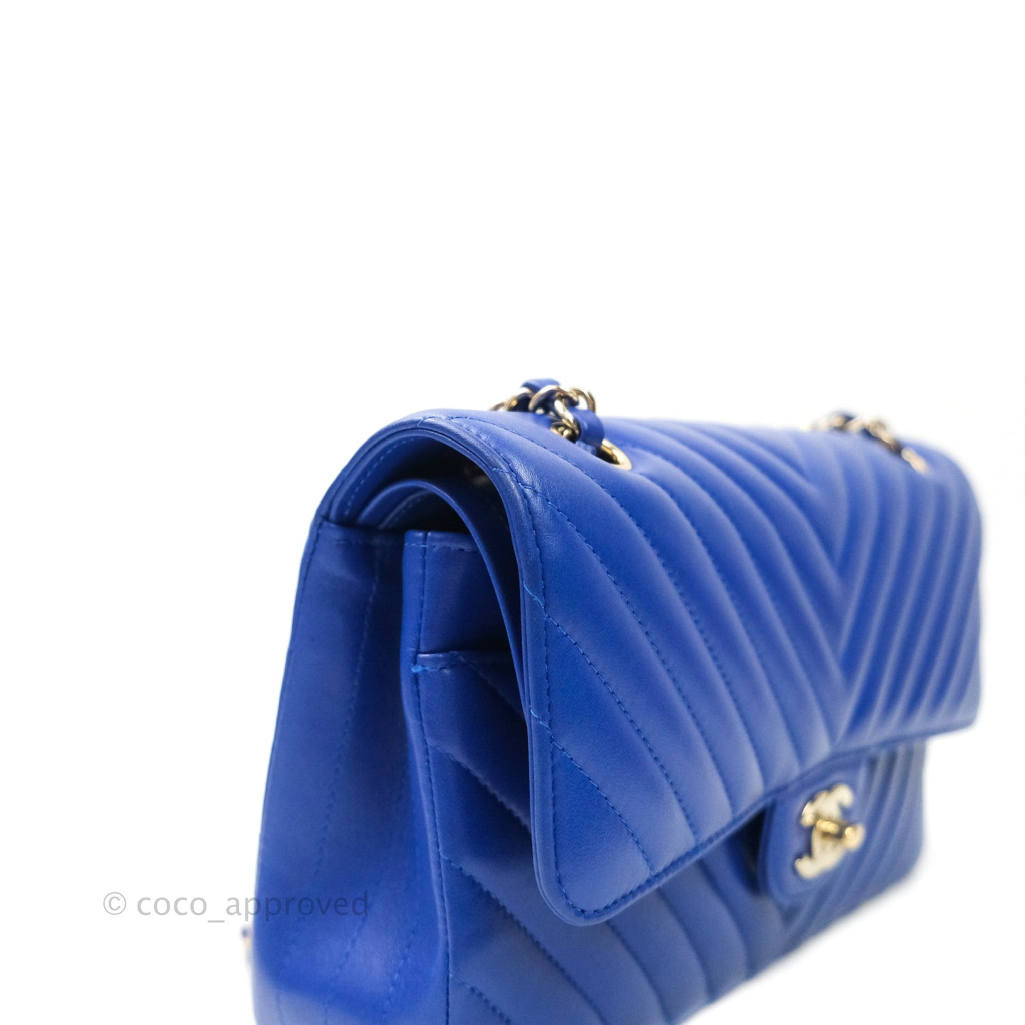 Chanel Classic Chevron M/L Medium Double Flap Blue Lambskin Gold Hardware