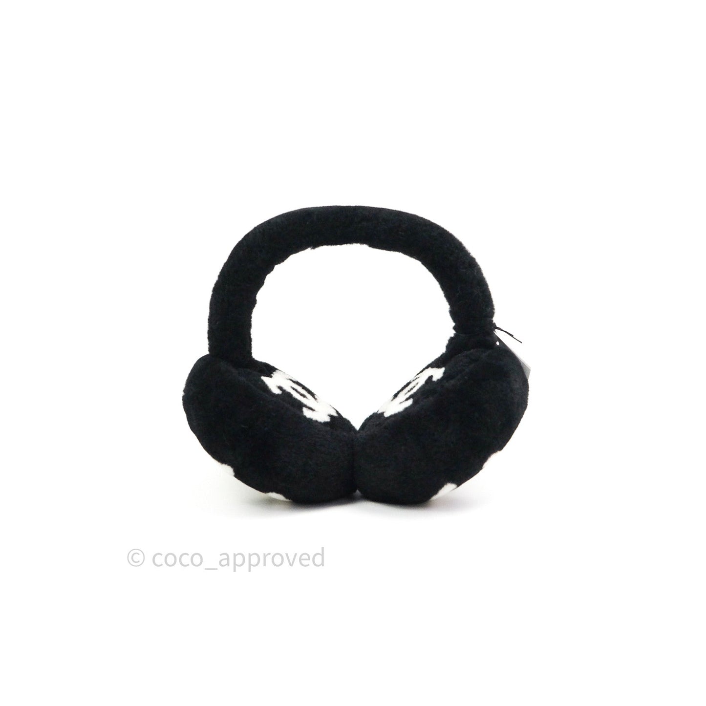 Chanel Shearling Cashmere Black Ivory Logo Earmuffs
