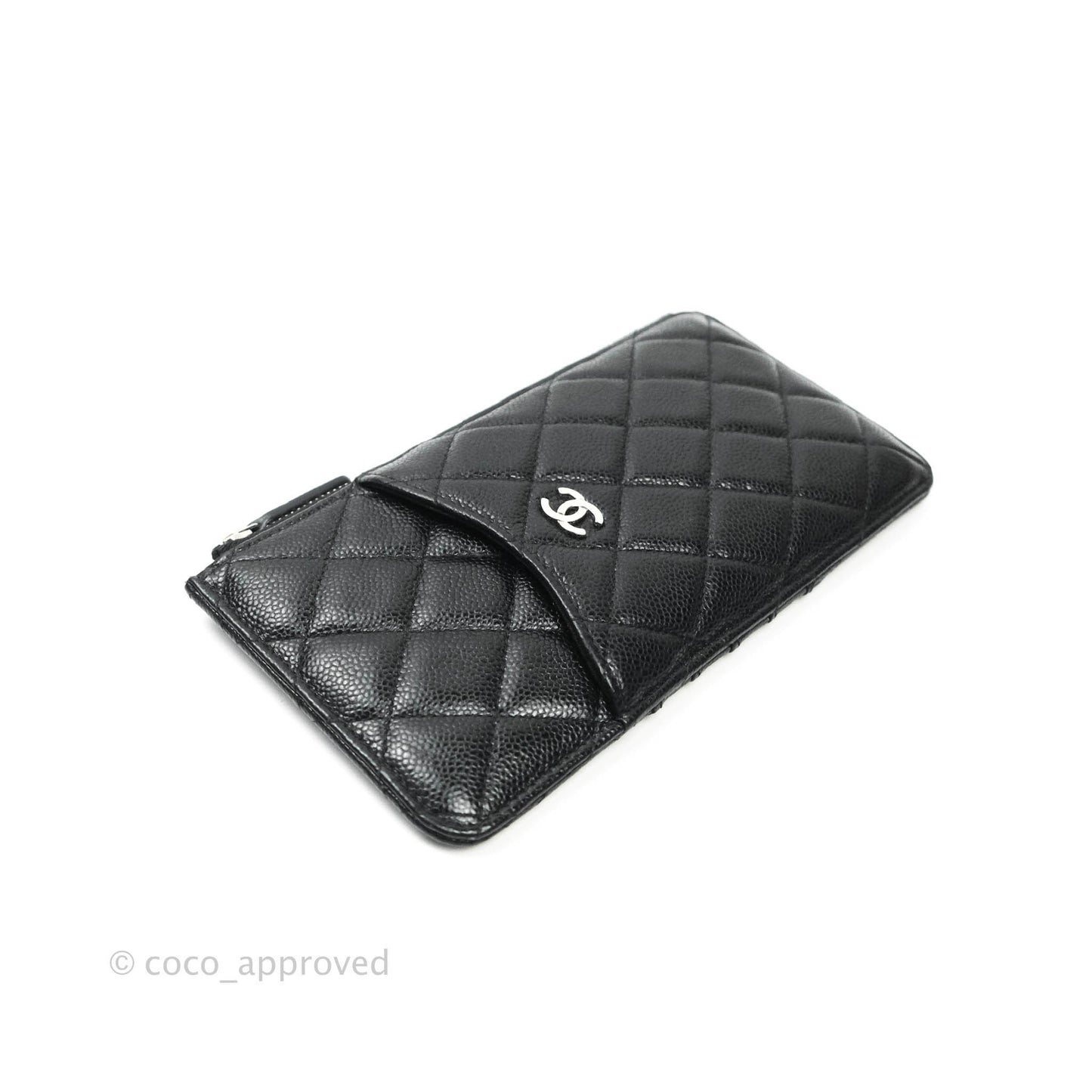 Chanel Classic Flat Black Caviar Wallet Pouch Silver Hardware