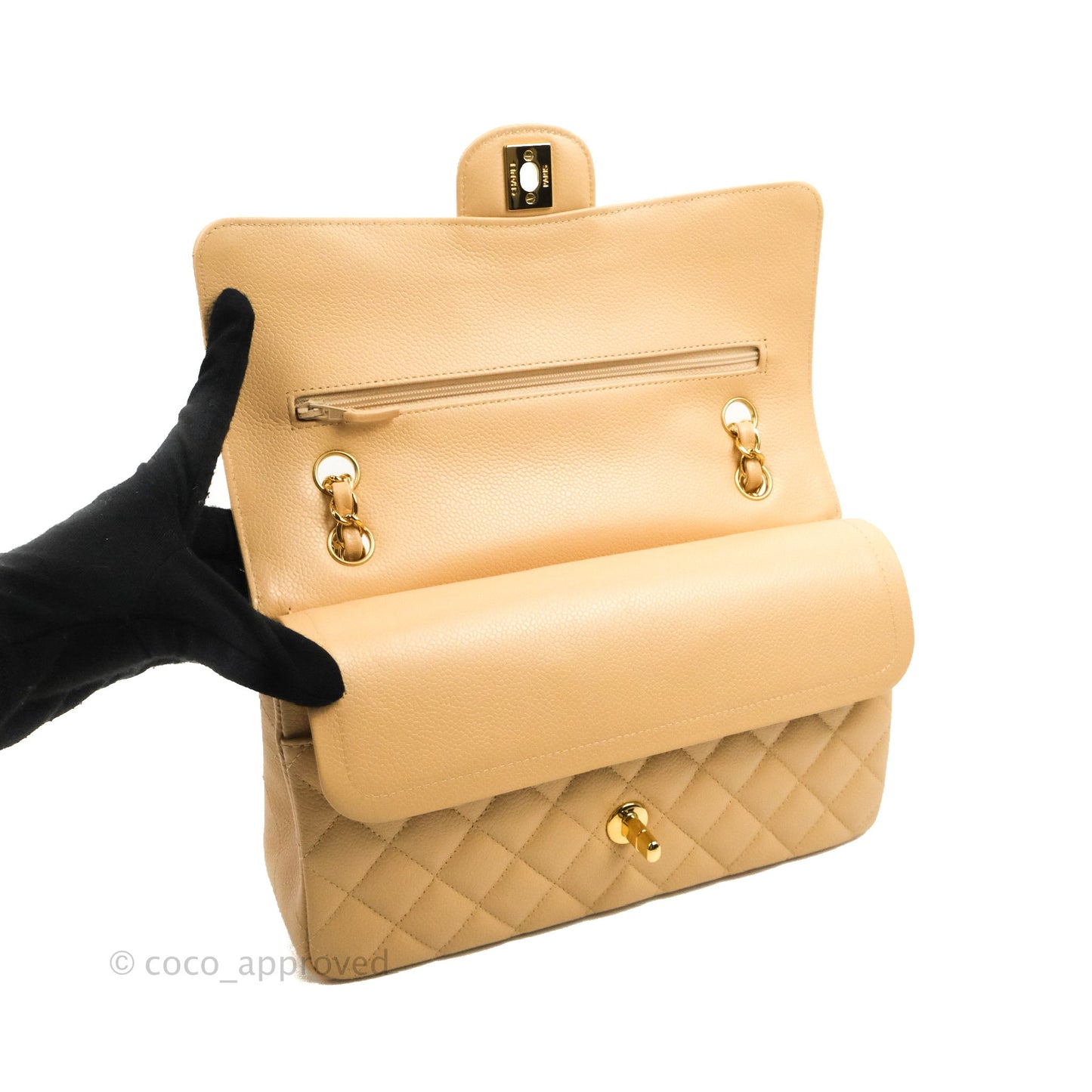 Chanel Classic M/L Medium Flap Quilted Beige Caviar Gold Hardware