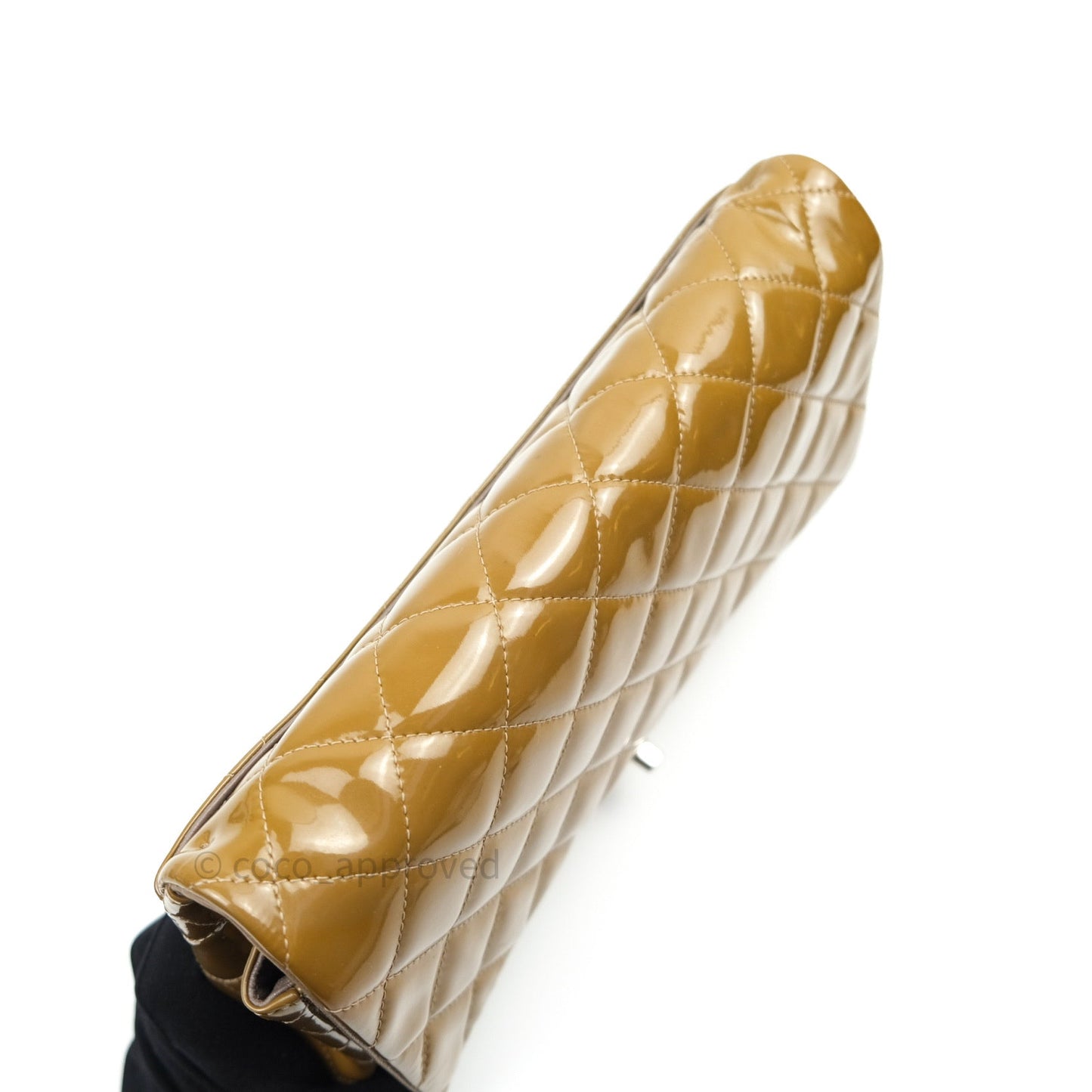 Chanel Quilted Clutch with Chain Khaki Patent Leather Silver Hardware