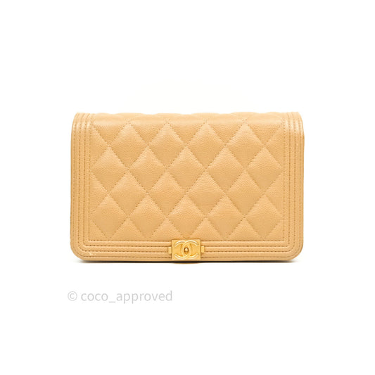 Chanel Quilted Boy Wallet on Chain WOC Beige Caviar Gold Hardware