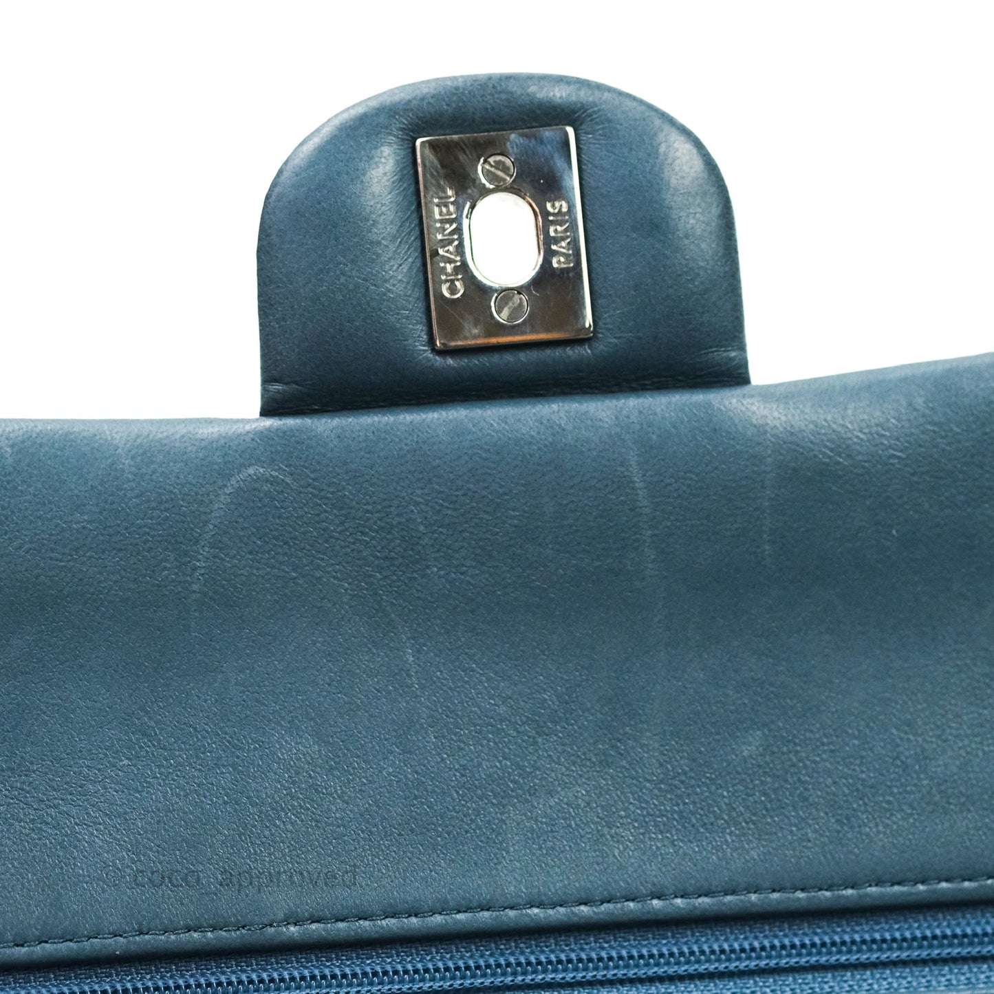Chanel Classic M/L Medium Double Flap Blue Silver Hardware