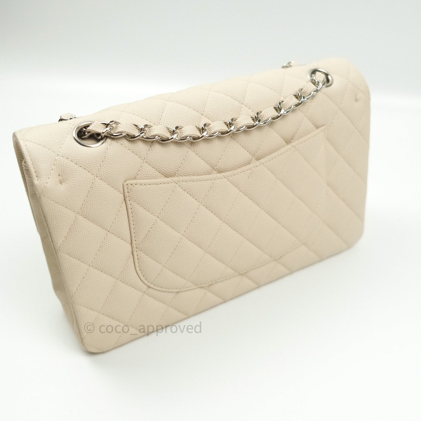 Chanel Classic M/L Medium Double Flap Quilted Ivory Caviar Silver Hardware