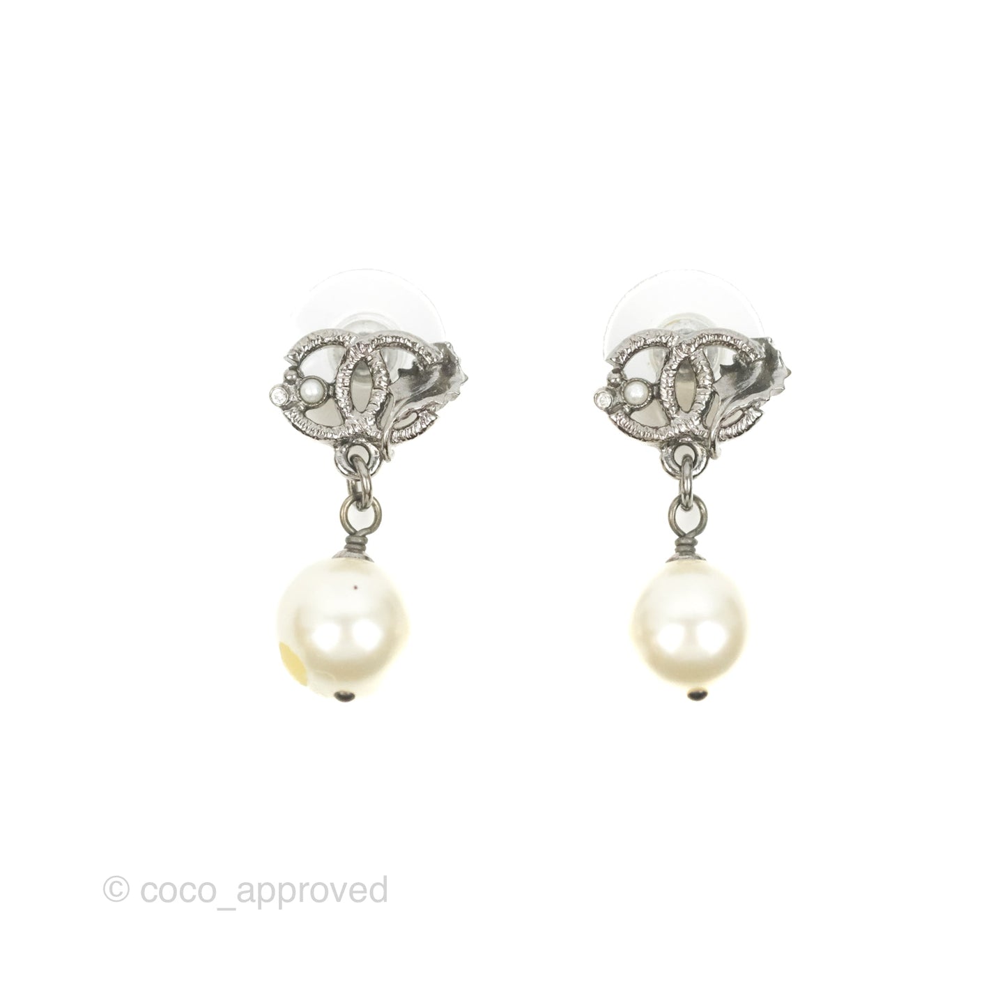 Chanel CC Pearl Drop Earrings Gun Metal 11A