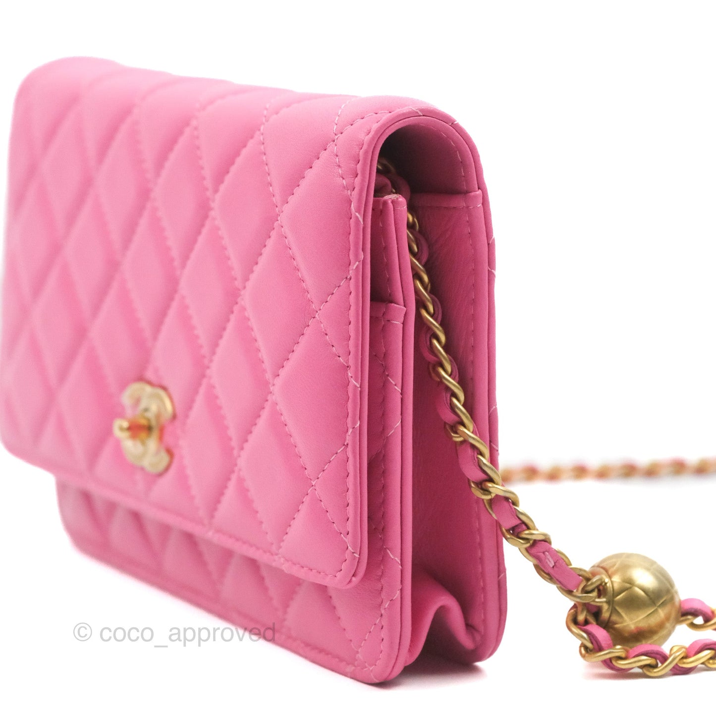 Chanel Quilted Pearl Crush Wallet on Chain WOC Pink Lambskin Aged Gold Hardware