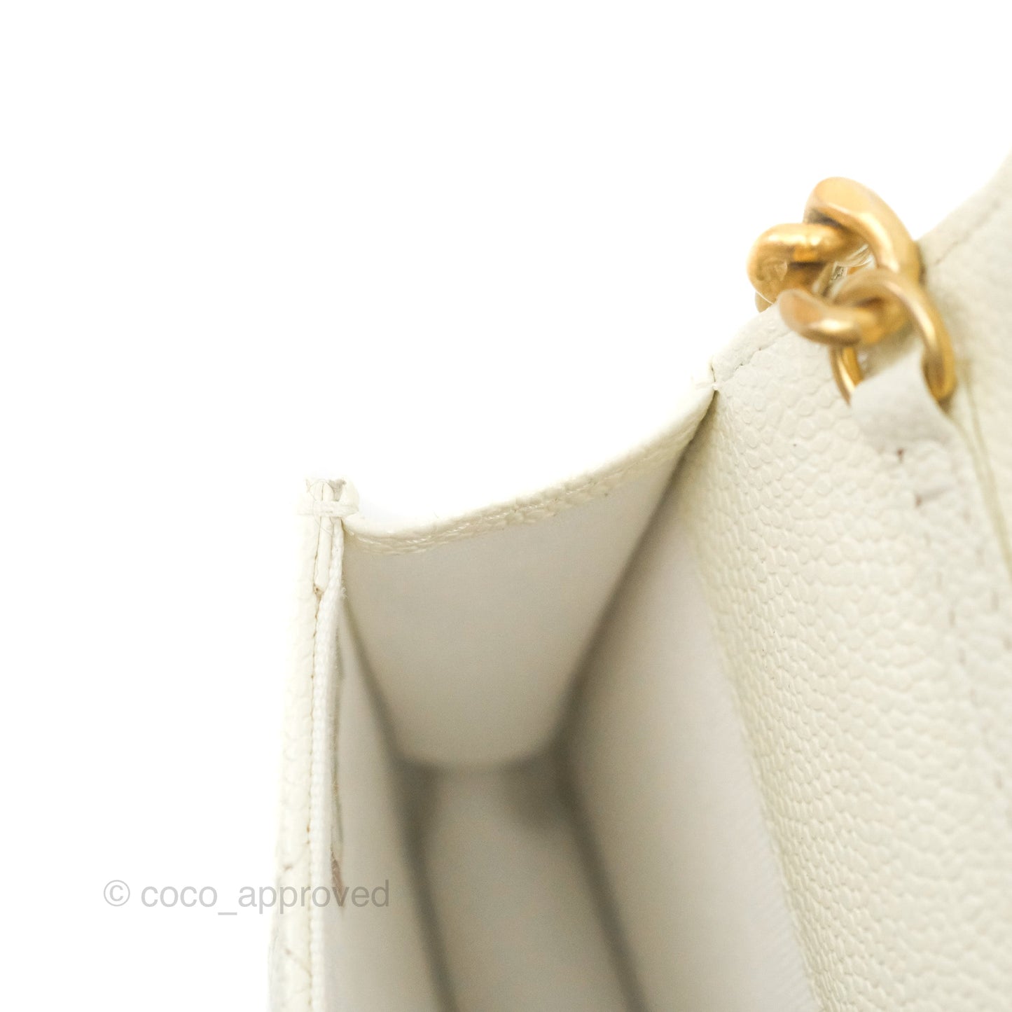 Chanel Mini Clutch With Chain White Caviar Aged Gold Hardware