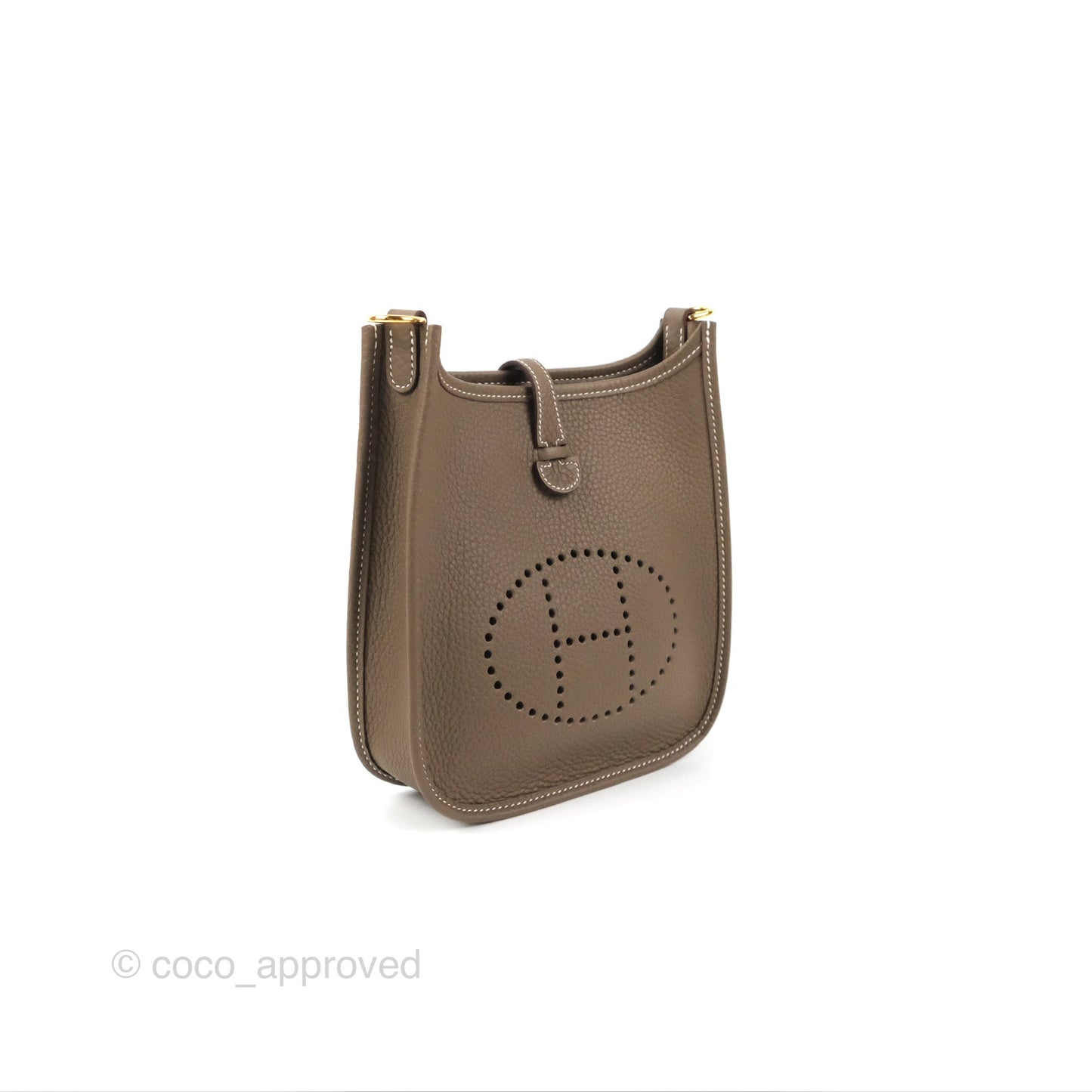 Hermès Mini Evelyne 16 Etoupe Clemence Gold Hardware with Bleu Indigo Strap