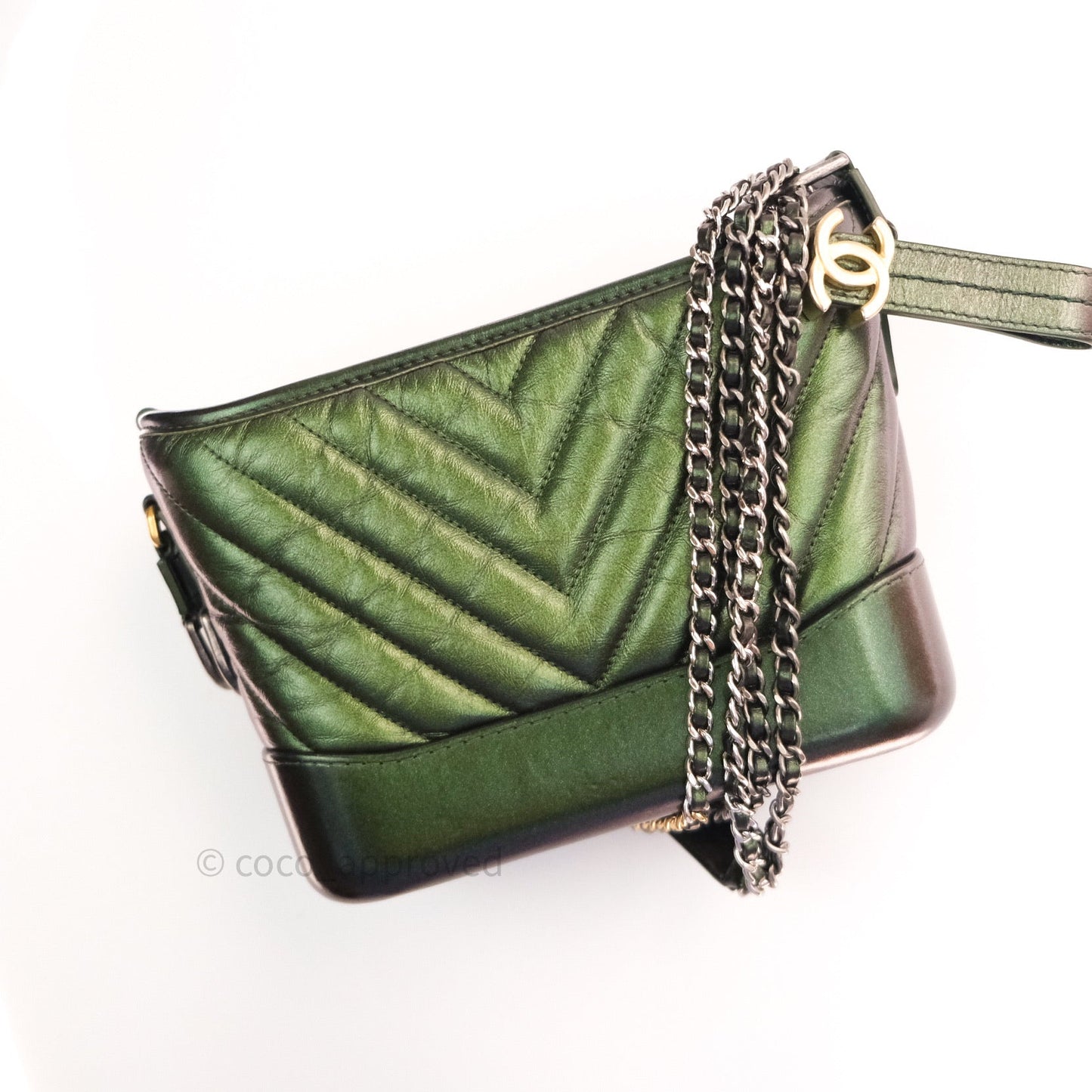 Chanel Calfskin Chevron Small Gabrielle Hobo Iridescent Green Mixed Hardware