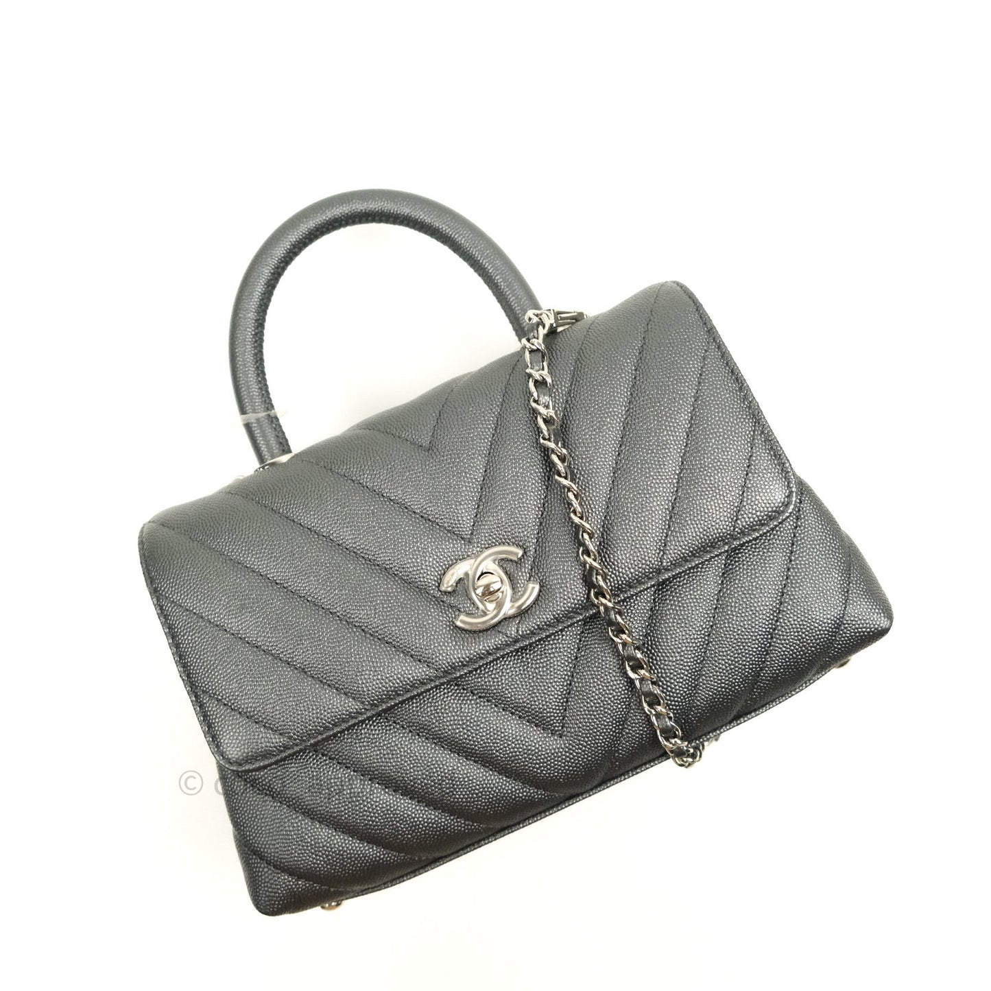Chanel Coco Handle Chevron Mini Dark Grey Caviar Quilted Dark Silver Hardware