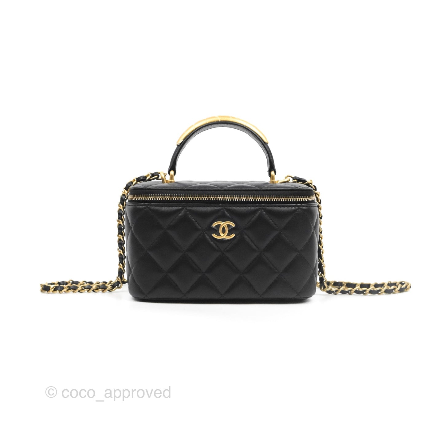 Chanel Vanity Rectangular Metal Top Handle Black Lambskin Aged Gold Hardware 22B