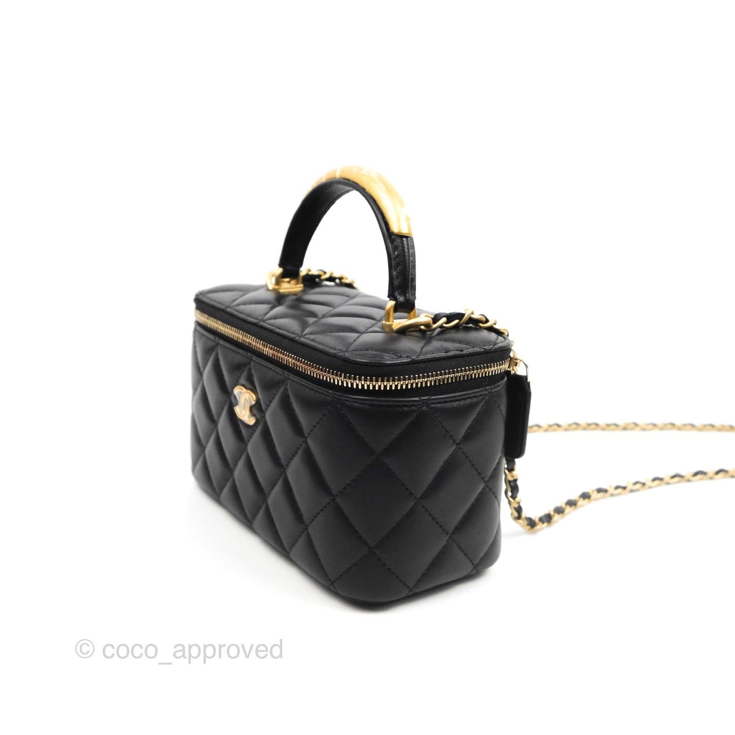 Chanel Vanity Rectangular Metal Top Handle Black Lambskin Aged Gold Hardware 22B