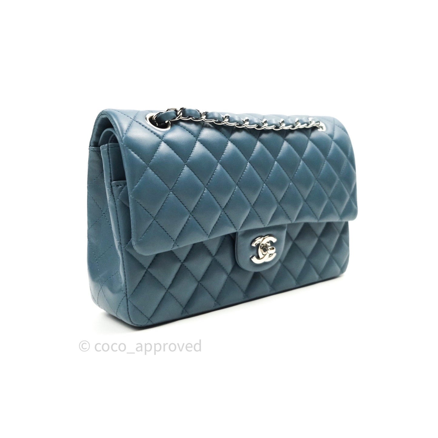 Chanel Classic M/L Lambskin Medium Double Flap Teal Blue Silver Hardware
