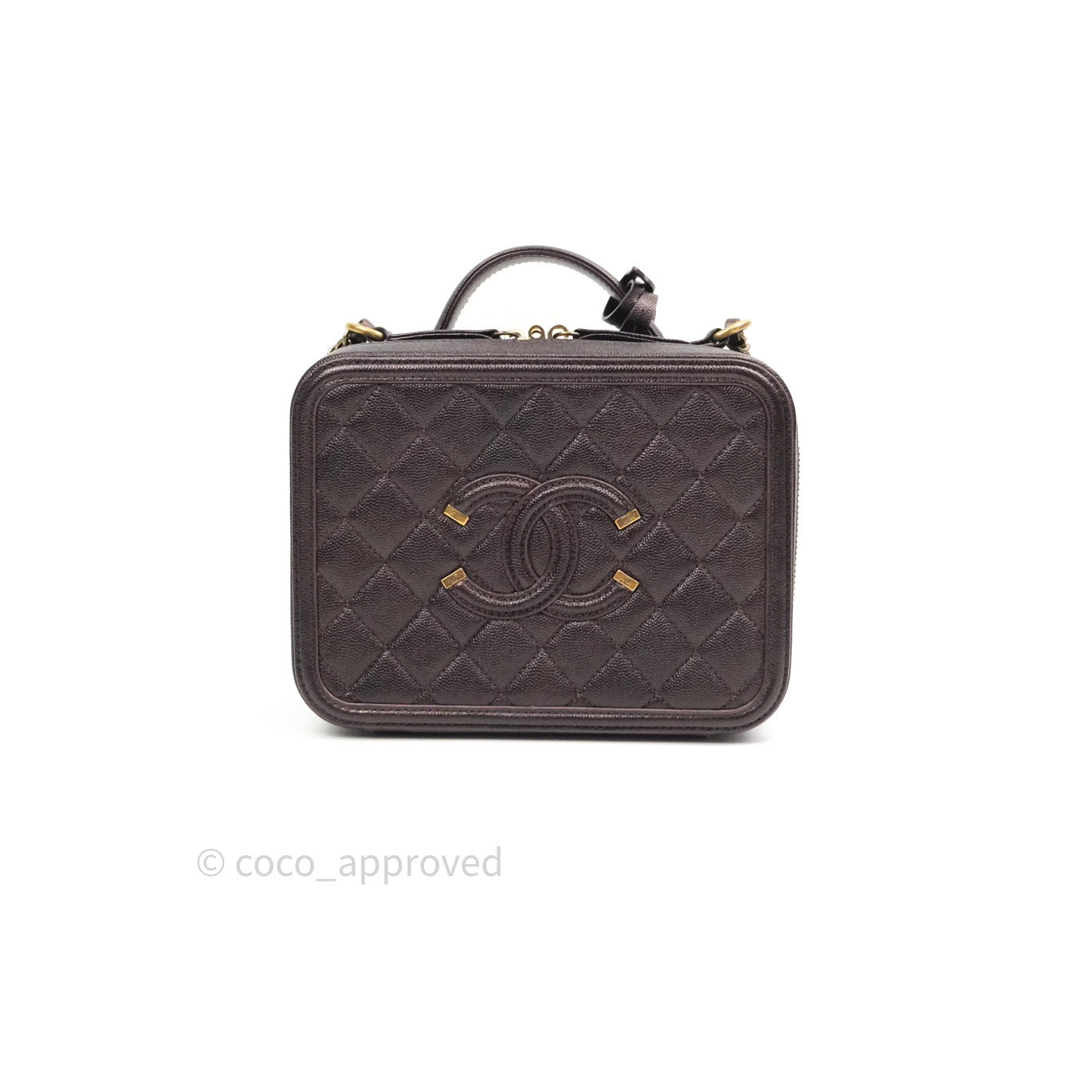 Chanel Quilted Medium CC Filigree Vanity Case Iridescent Burgundy Caviar Gold Hardware