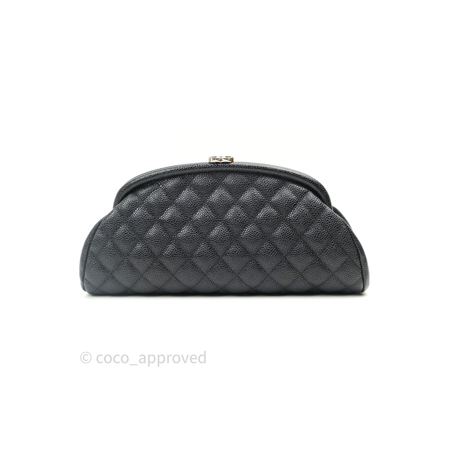 Chanel Quilted Timeless Kisslock Clutch Black Caviar Silver Hardware