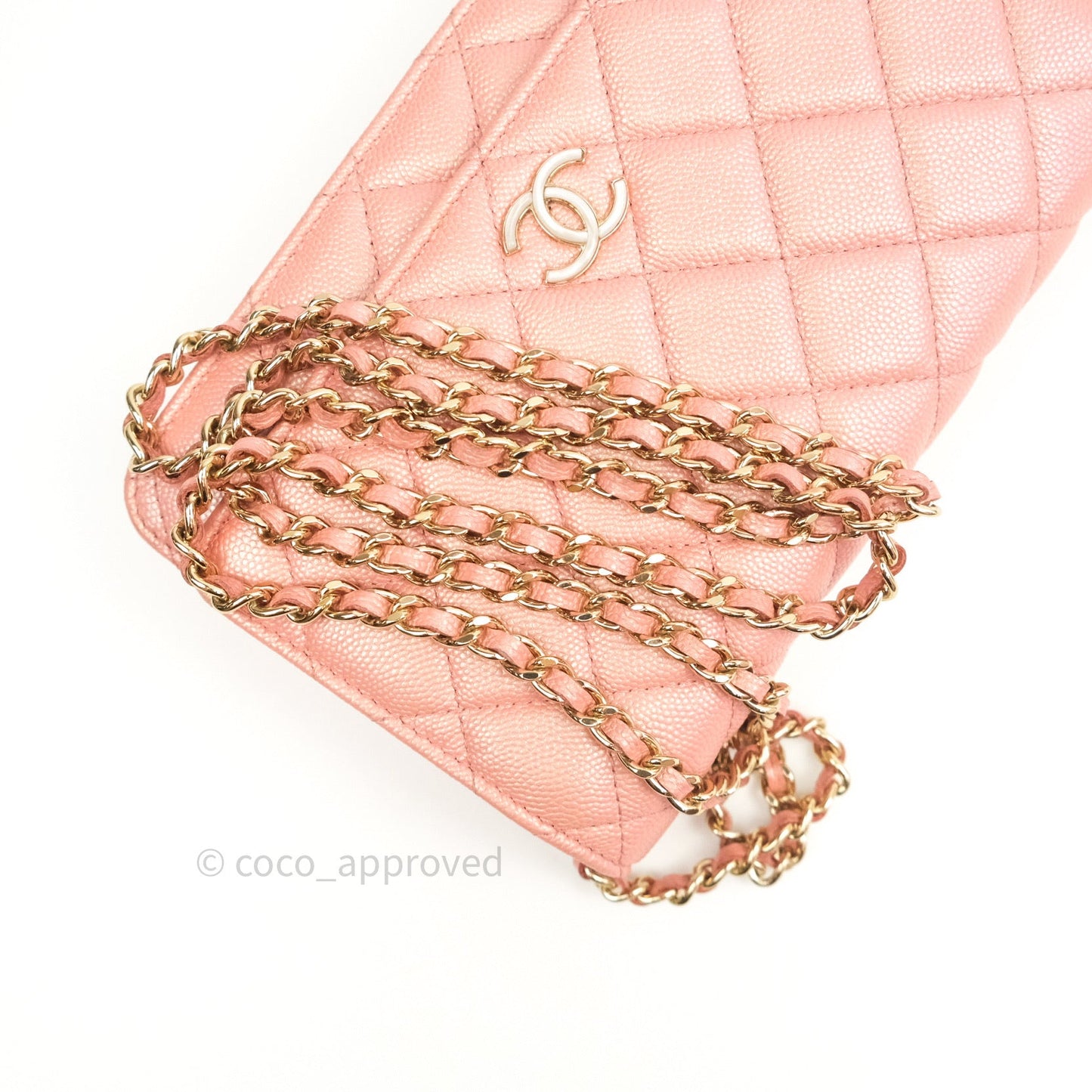 Chanel Quilted Wallet on Chain WOC Iridescent Pink Caviar Gold Hardware 19S
