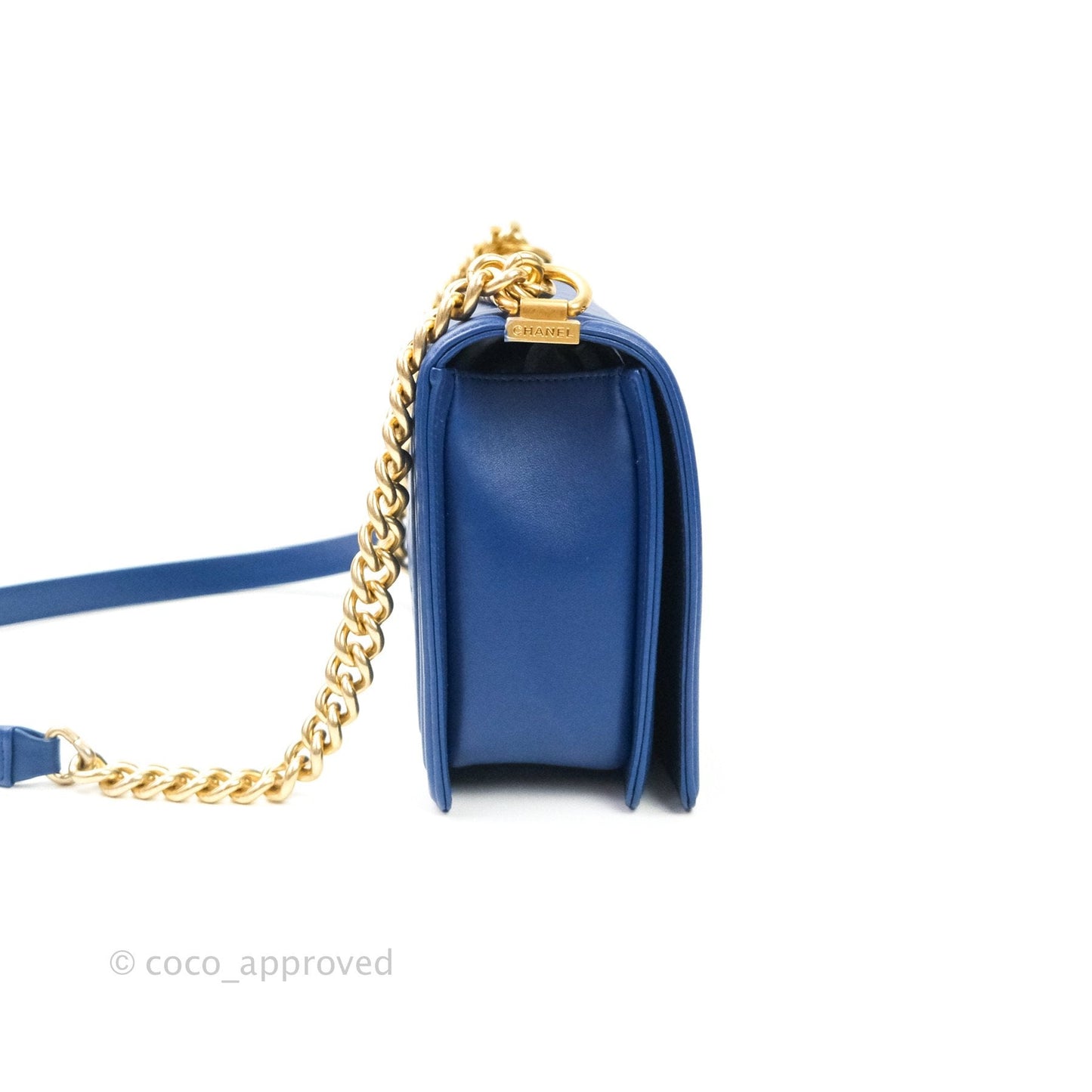 Chanel Boy New Medium Quilted Blue Lambskin Aged Gold Hardware