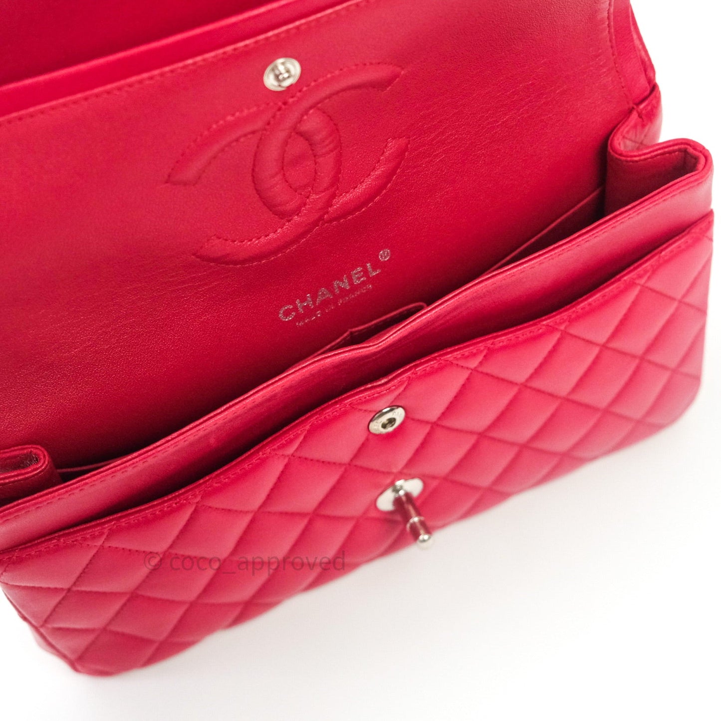 Chanel Classic M/L Lambskin Medium Double Flap Red Pink Silver Hardware