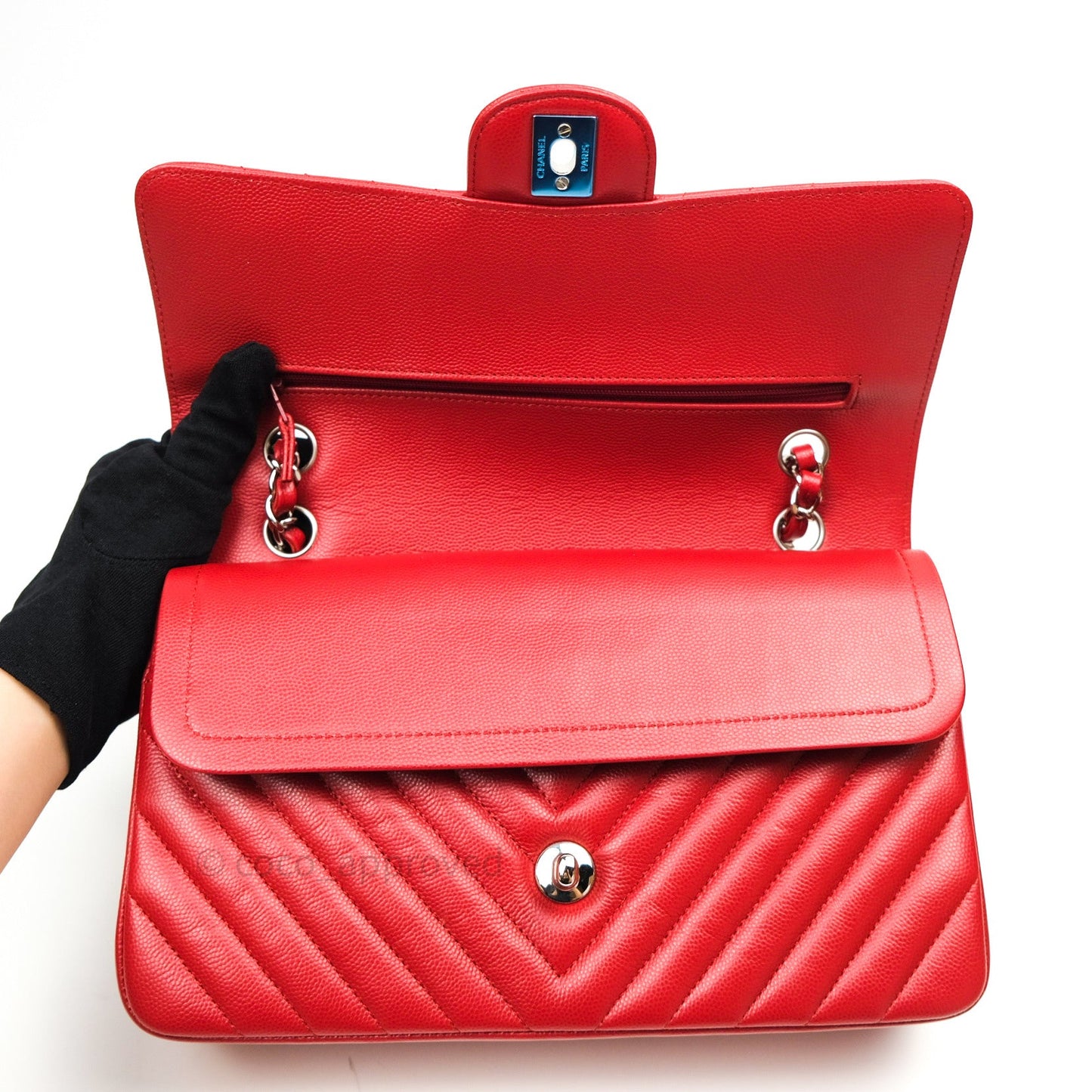 Chanel Quilted M/L Medium Double Flap Red Caviar Silver Hardware 16S