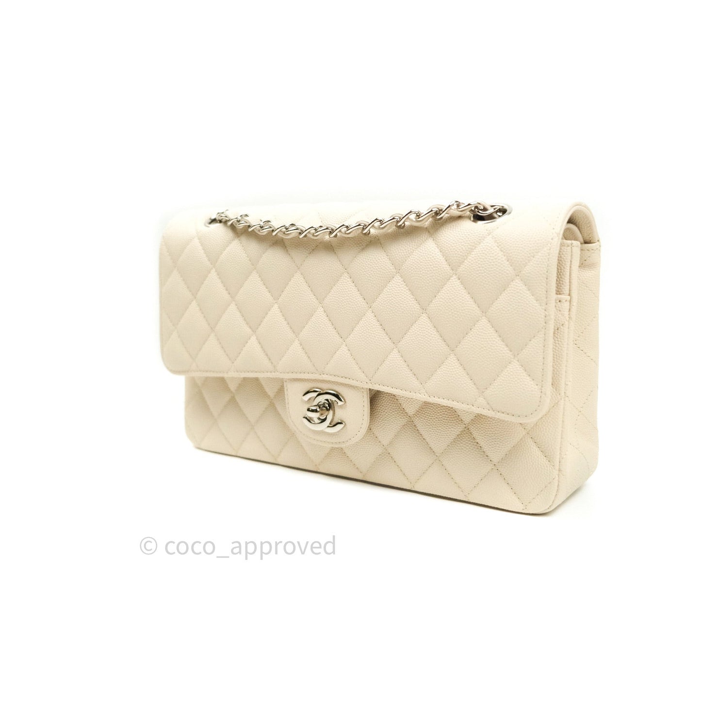 Chanel Classic M/L Medium Double Flap Quilted Ivory Caviar Silver Hardware