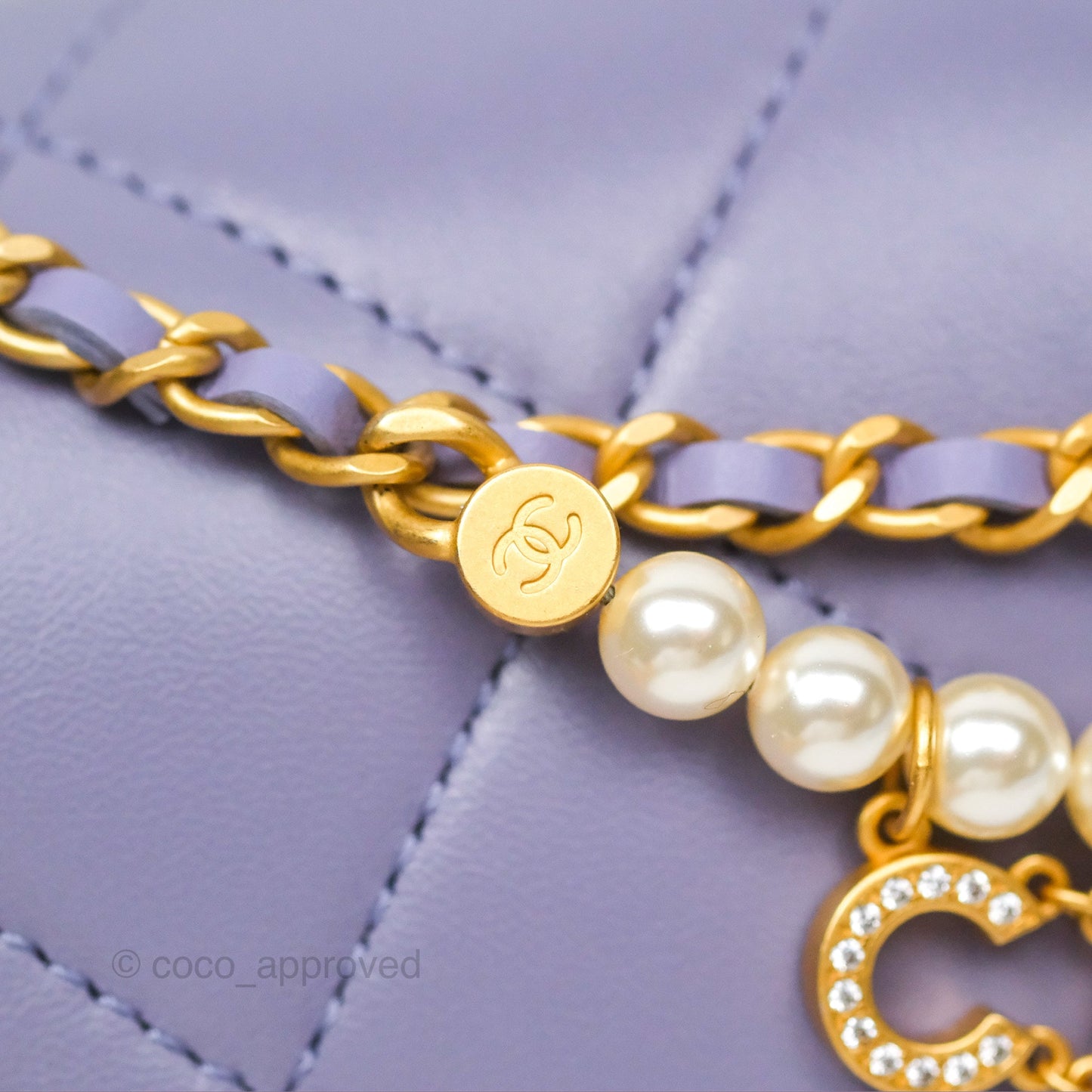 Chanel Crystal Pearl Chain Mini Flap Bag Purple Lambskin Aged Gold Hardware