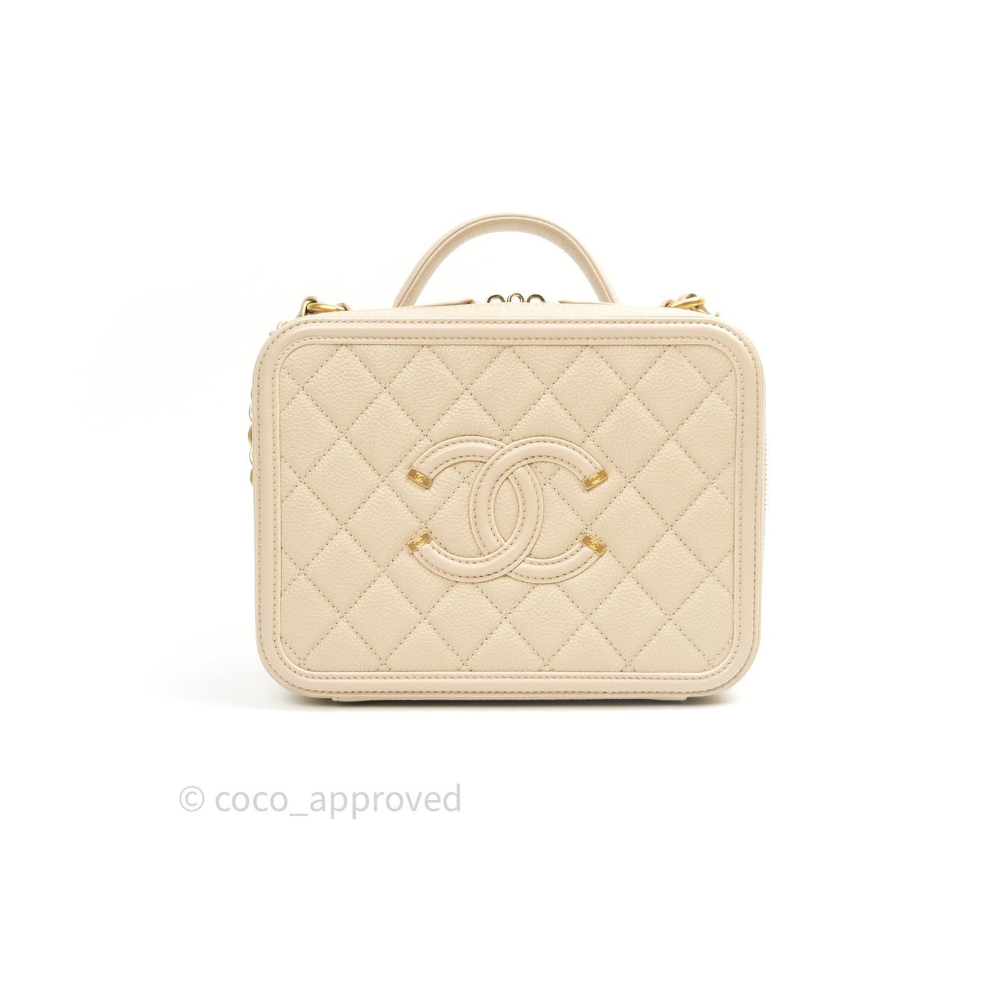 Chanel Quilted Medium CC Filigree Vanity Case Light Beige Caviar Gold Hardware