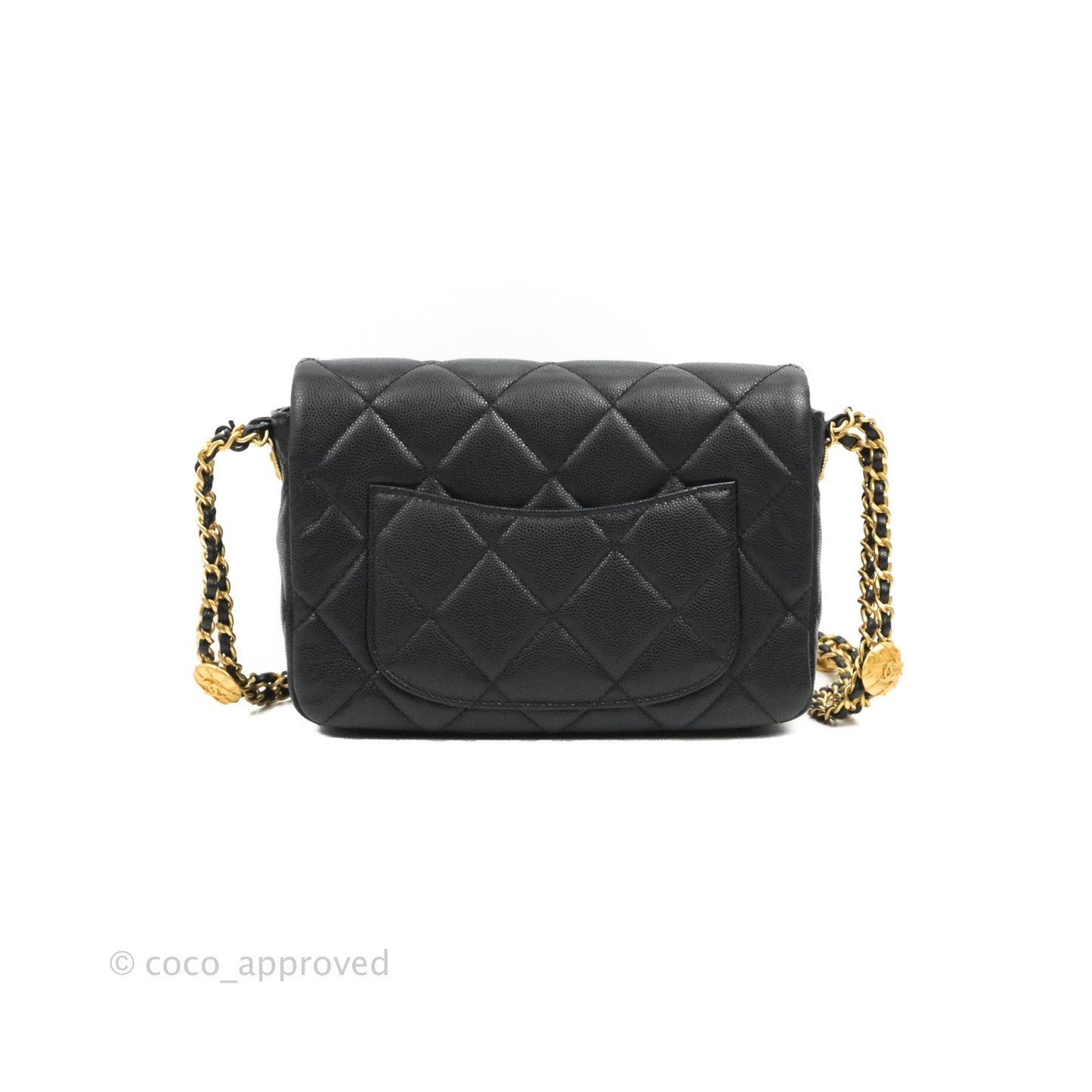 Chanel Small Flap with Coin Charm Black Caviar Aged Gold Hardware 22A