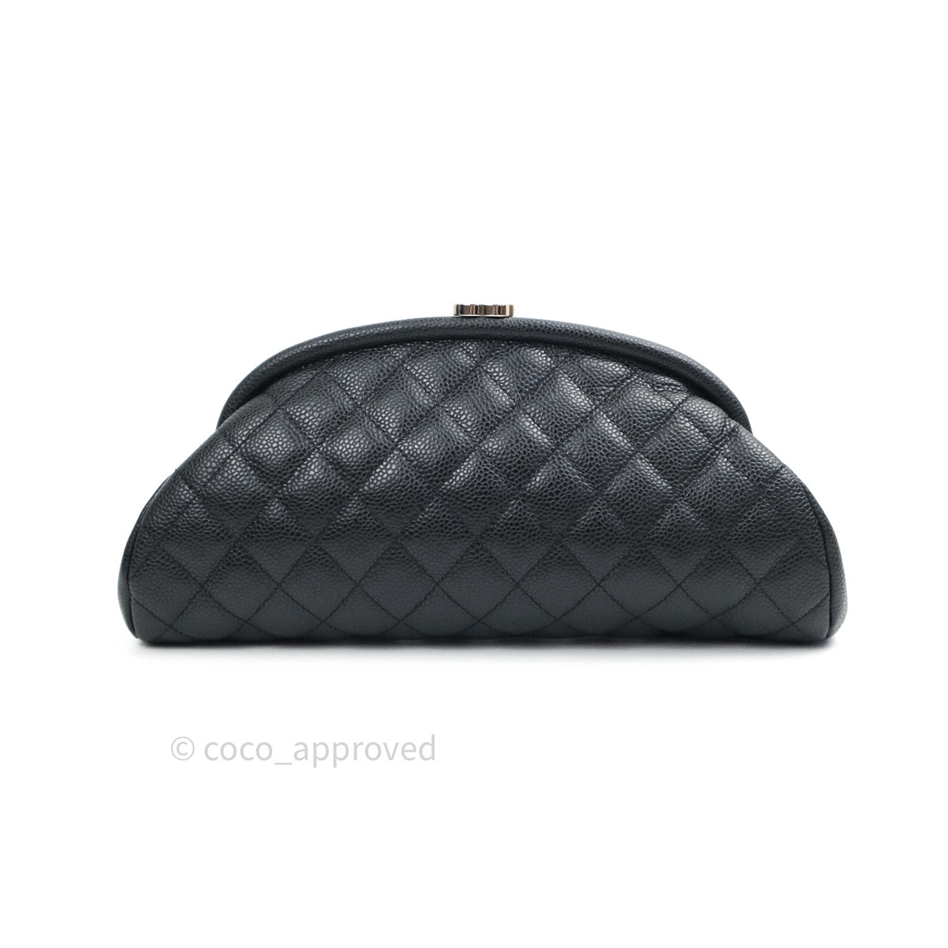 Chanel Quilted Timeless Kisslock Clutch Black Caviar Silver Hardware