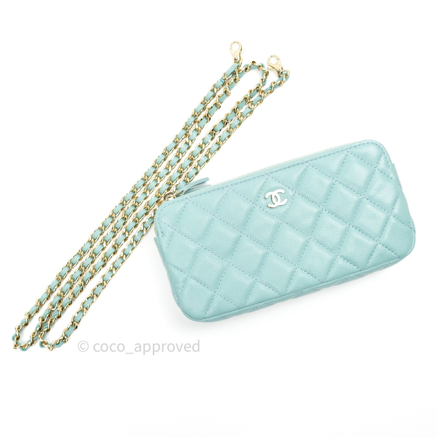 Chanel Tiffany Blue Caviar Clutch on Chain Gold Hardware 20C