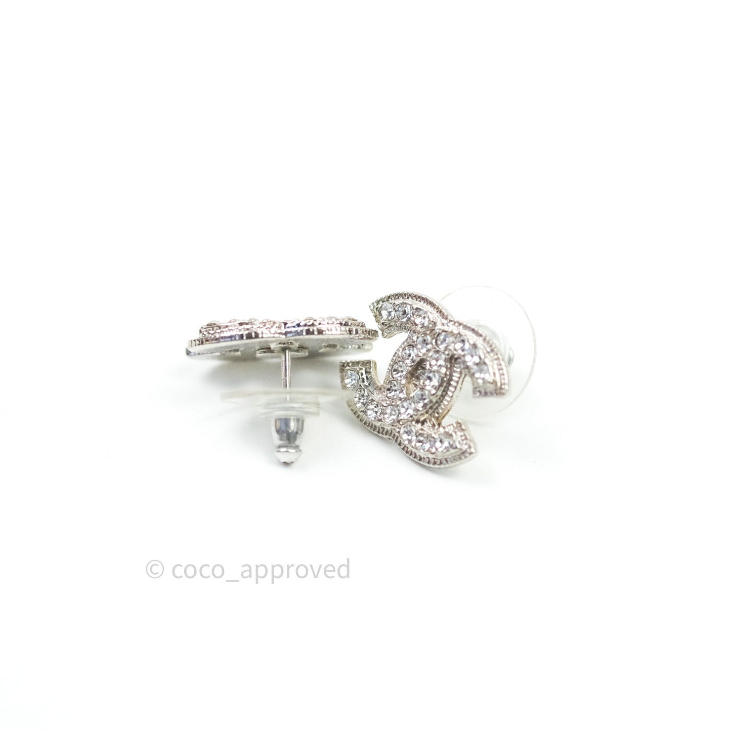 Chanel Crystal CC Earrings Silver Tone