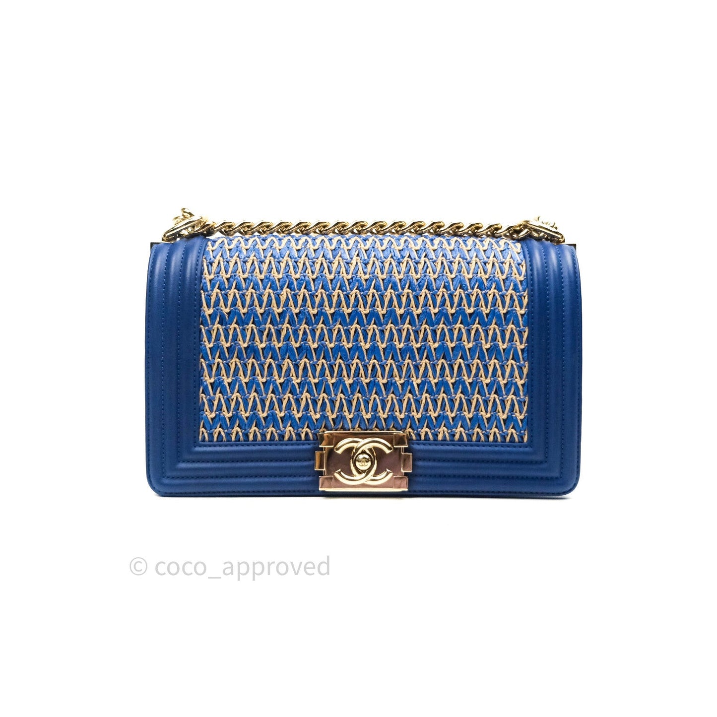 Chanel Boy Medium Straw Calfskin Navy Shiny Gold Hardware