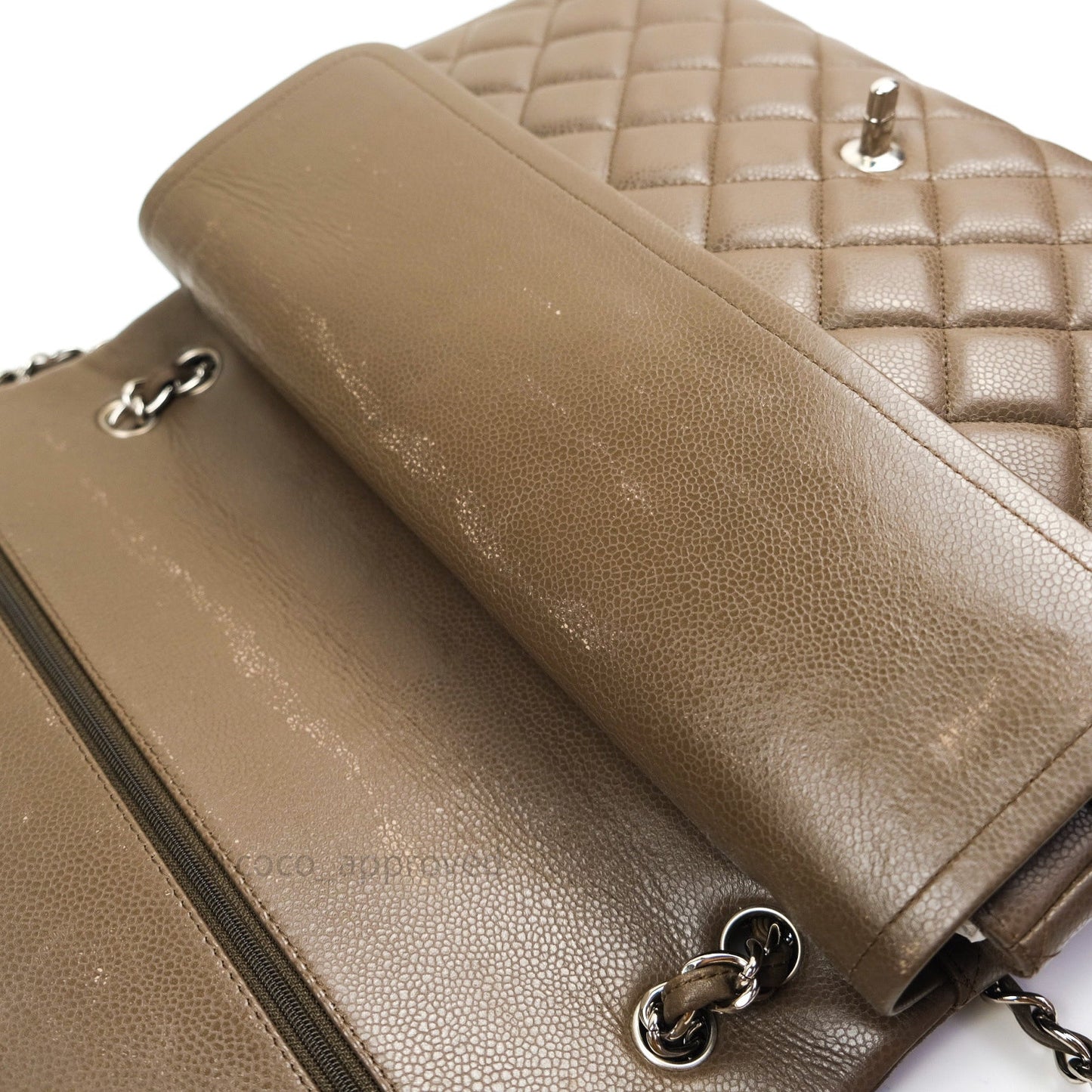 Chanel Double Flap Maxi Khaki Caviar Silver Hardware