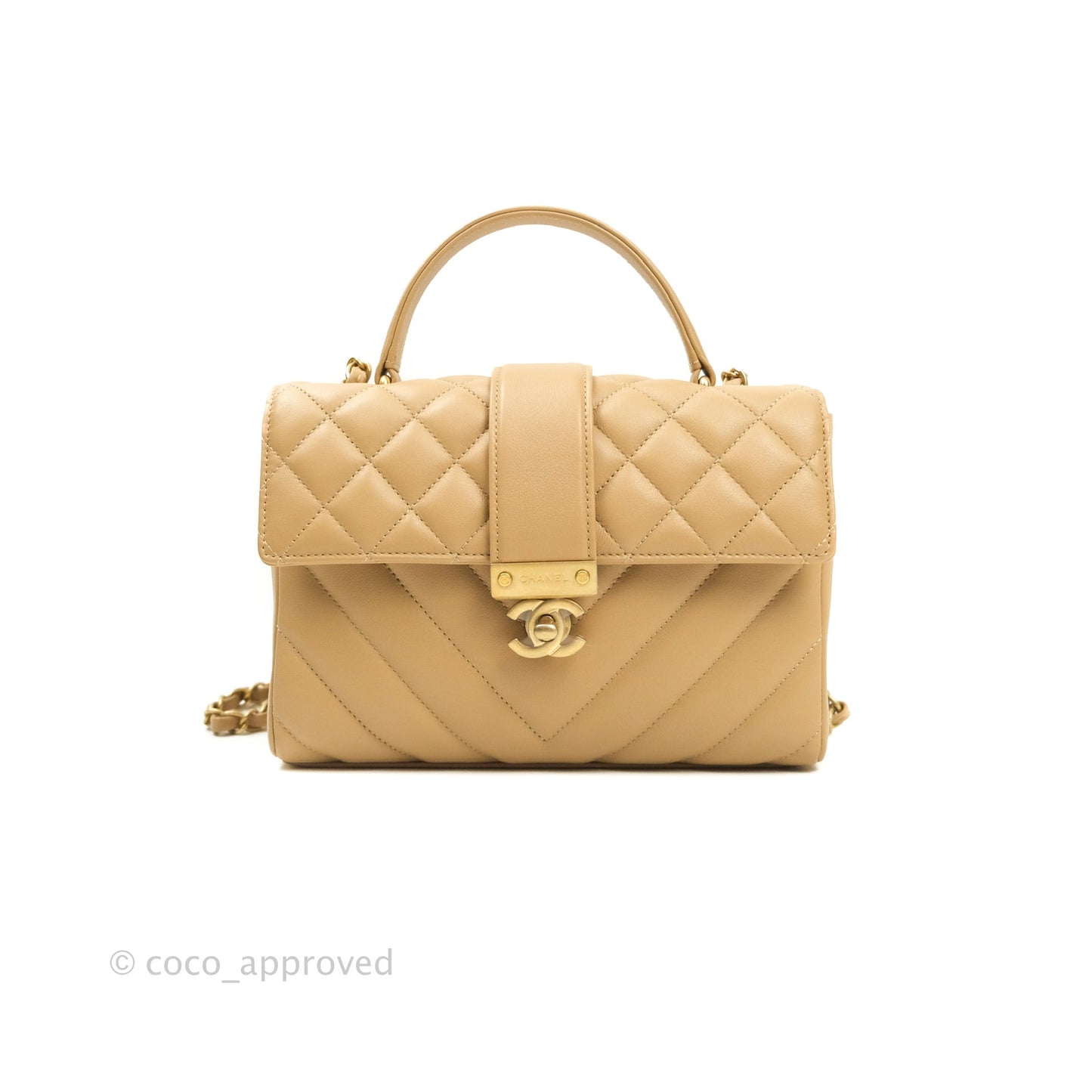 Chanel Quilted Chevron In The City Bag Beige Calfskin Aged Gold Hardware