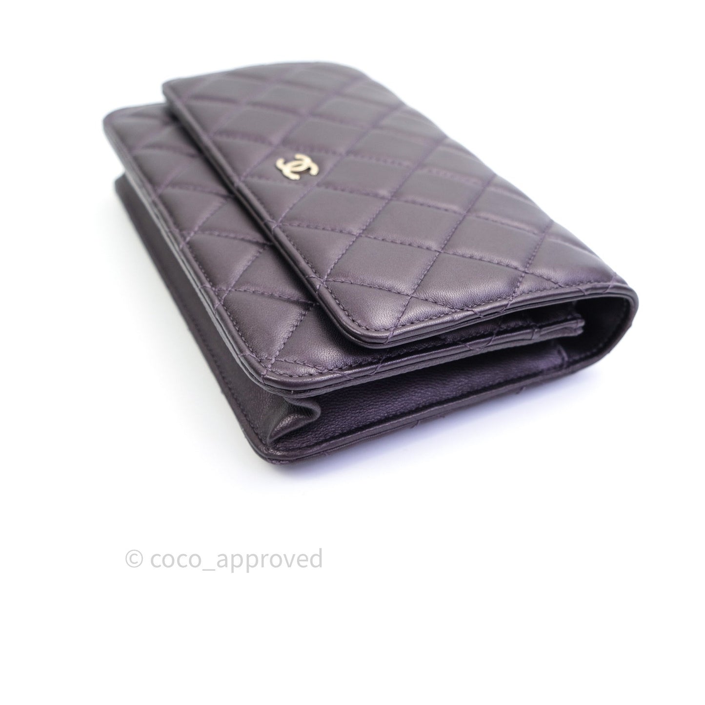 Chanel Quilted Wallet on Chain WOC Metallic Purple Light Gold Hardware