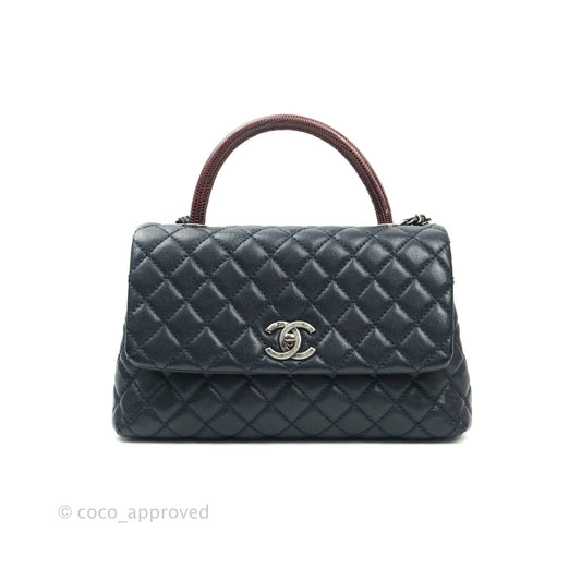 Chanel Small Coco Handle Quilted Navy Caviar Lizard Handle Ruthenium Hardware