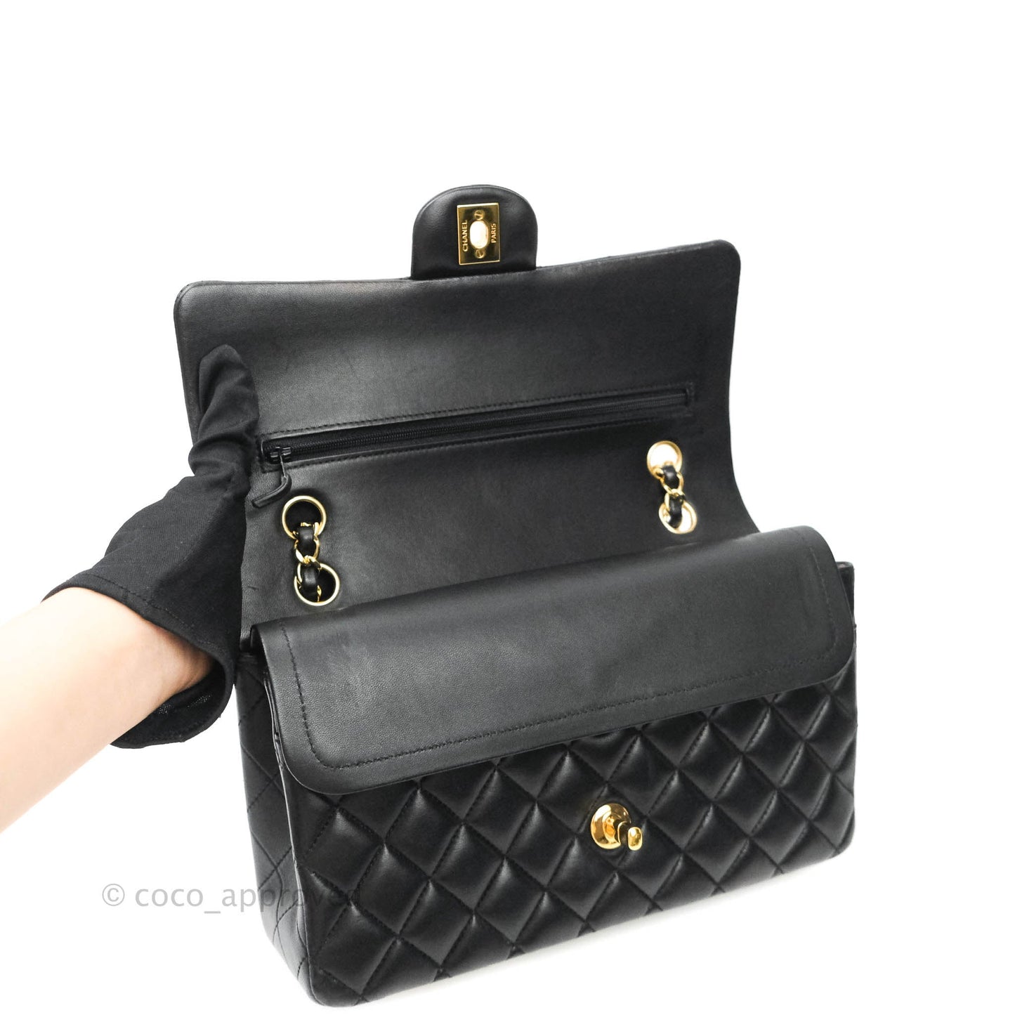 Chanel Classic M/L Medium Double Flap Bag Black Lambskin Gold Hardware