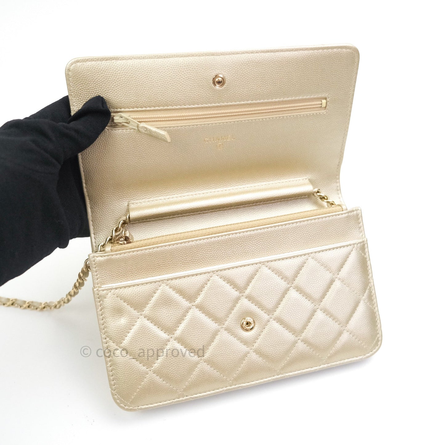 Chanel Quilted Wallet on Chain WOC Light Gold Caviar Gold Hardware
