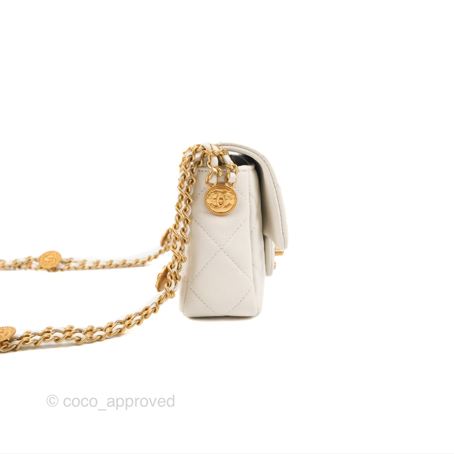 Chanel Mini Flap with Coin Charm White Caviar Aged Gold Hardware 22A