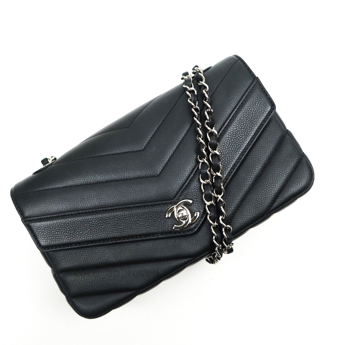 Chanel Medium Chevron Grained Calfskin Black Silver Hardware