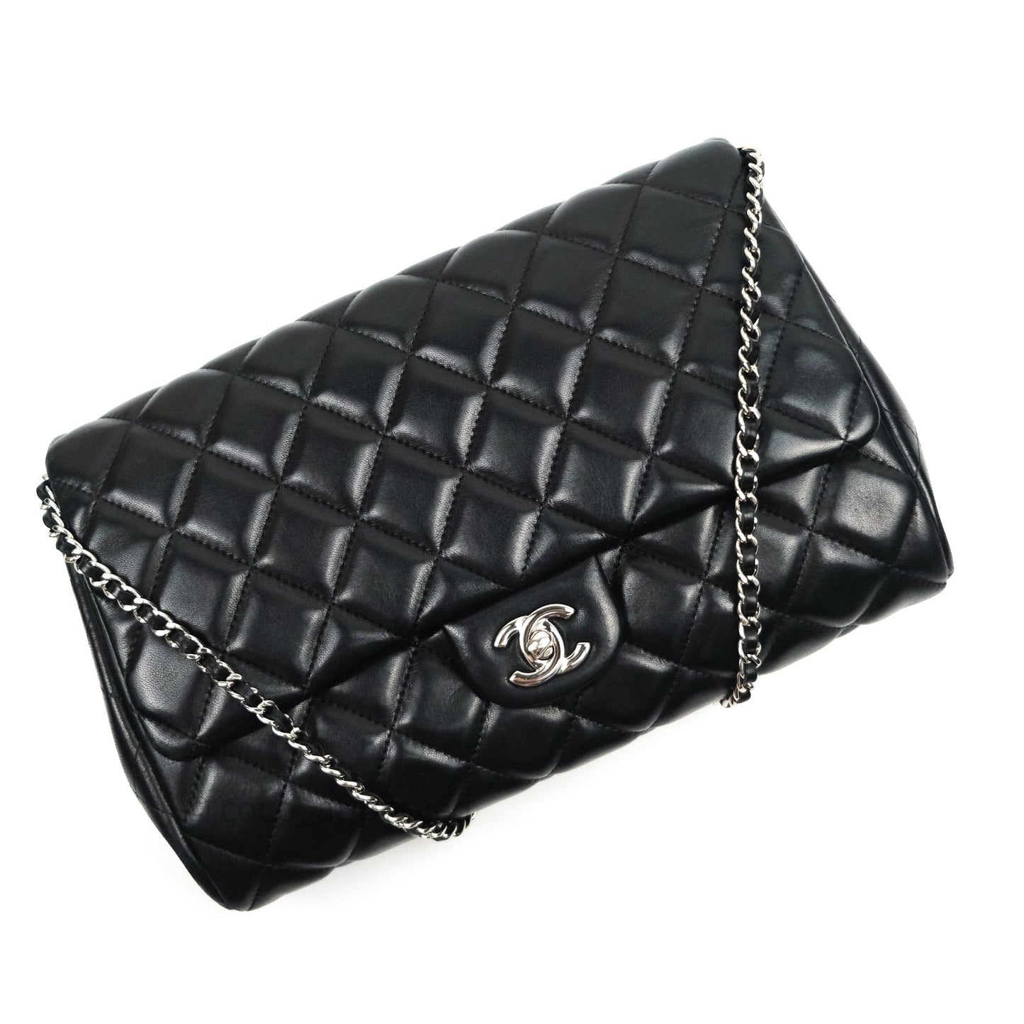 Chanel Quilted Clutch with Chain Black Lambskin Silver Hardware