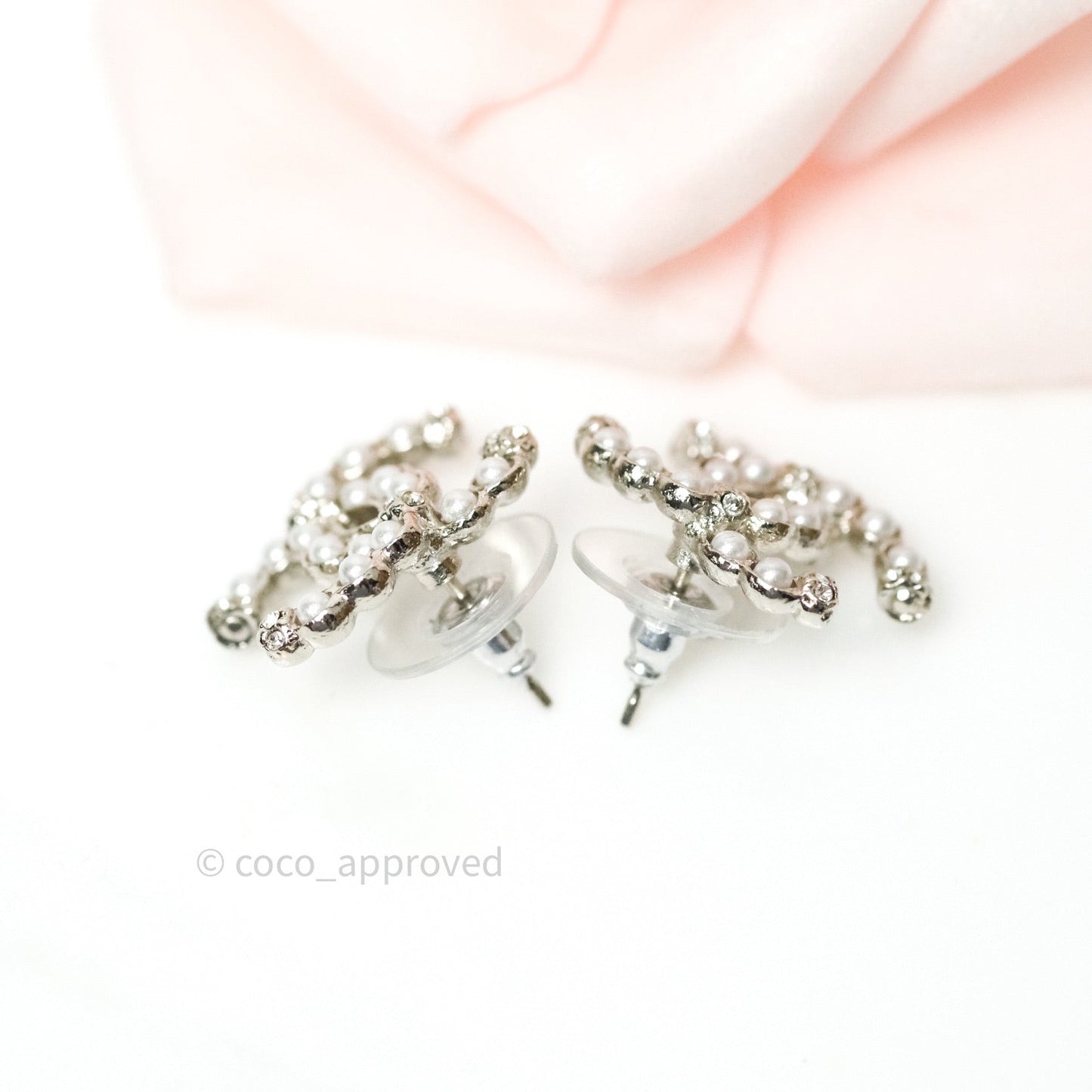 Chanel Crystal CC Earrings Silver Tone