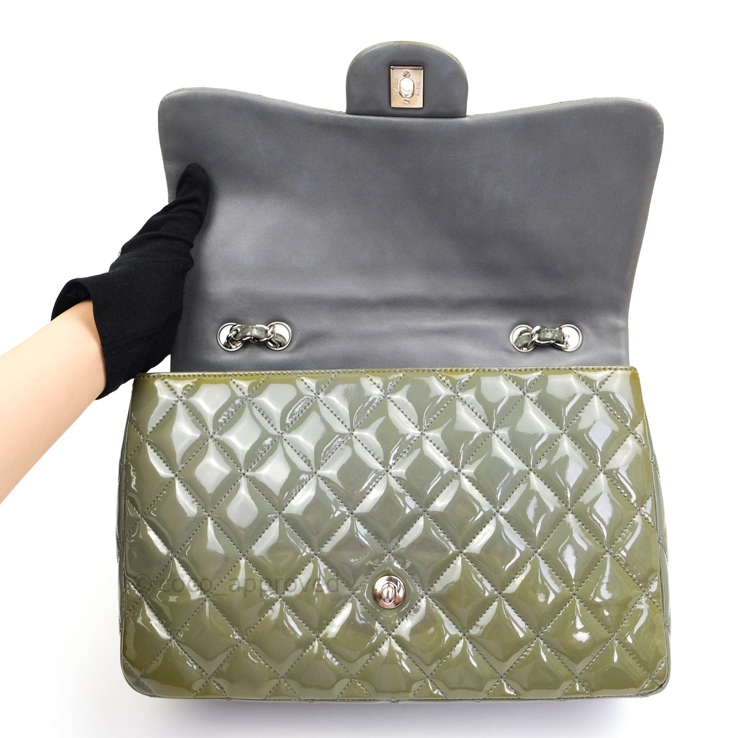 Chanel Jumbo Single Flap Light Green Patent Leather Silver Hardware⁣⁣