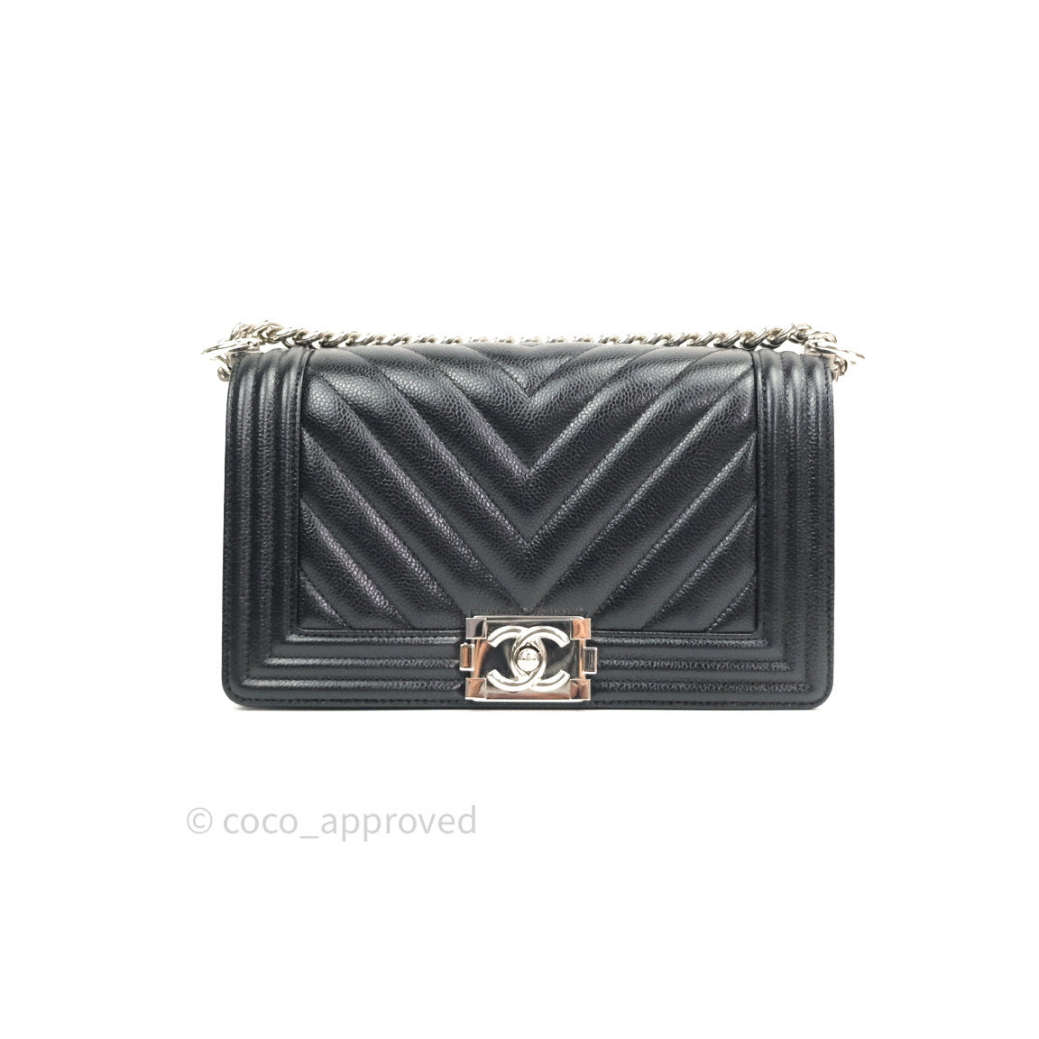 Chanel Boy Chevron Medium Black Caviar Silver Hardware
