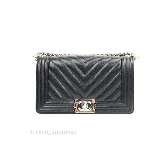 Chanel Boy Chevron Medium Black Caviar Silver Hardware