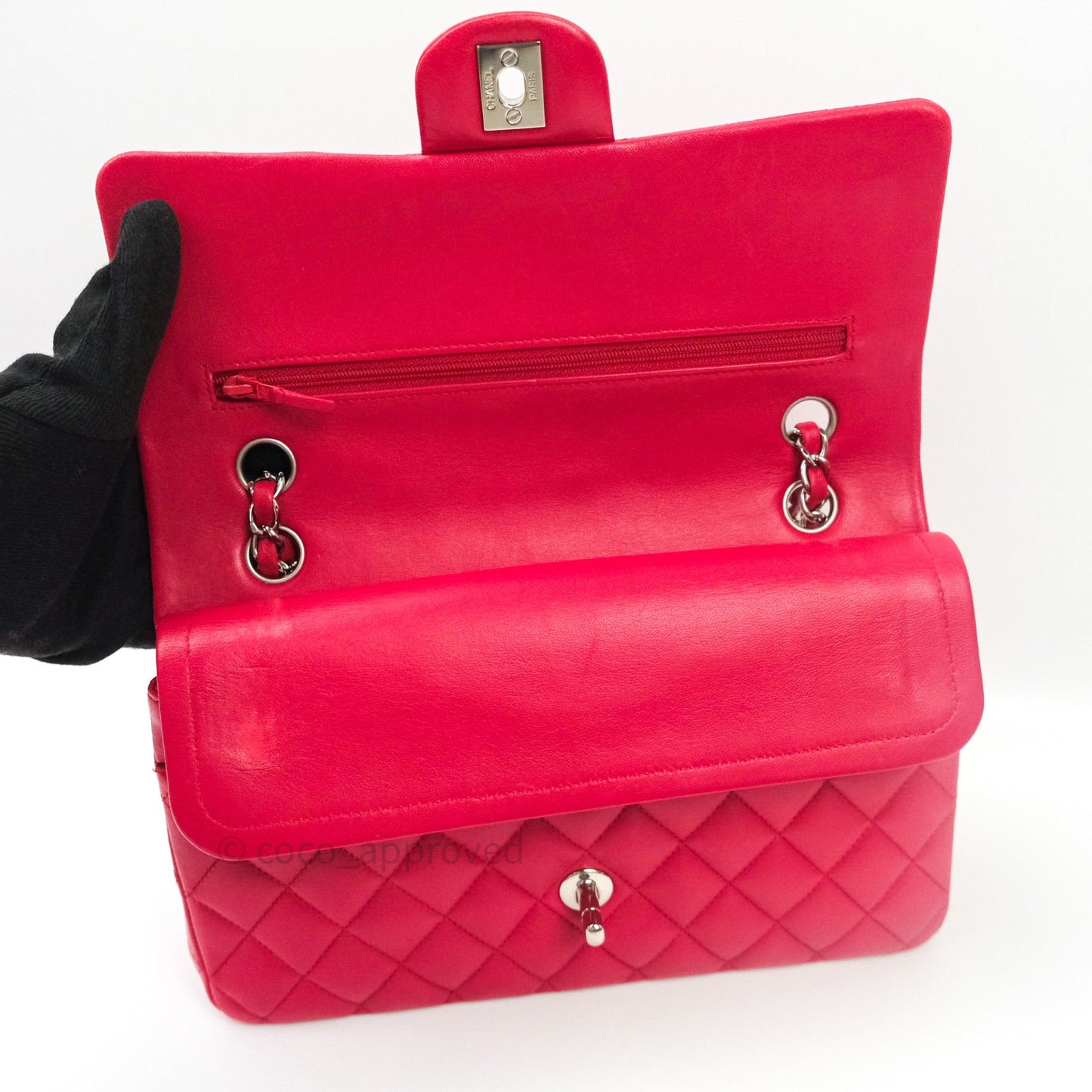 Chanel Classic M/L Lambskin Medium Double Flap Red Pink Silver Hardware