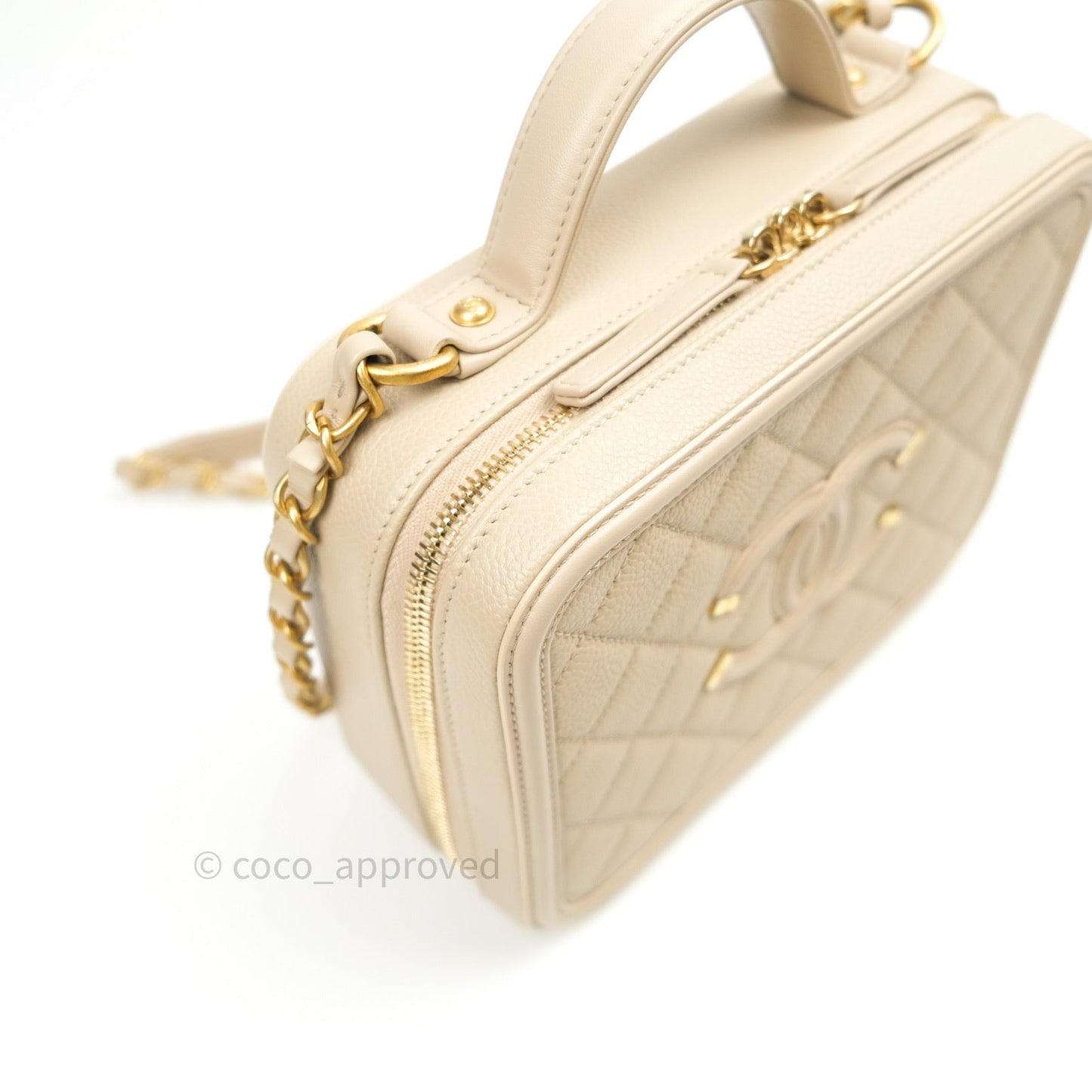 Chanel Quilted Medium CC Filigree Vanity Case Light Beige Caviar Gold Hardware