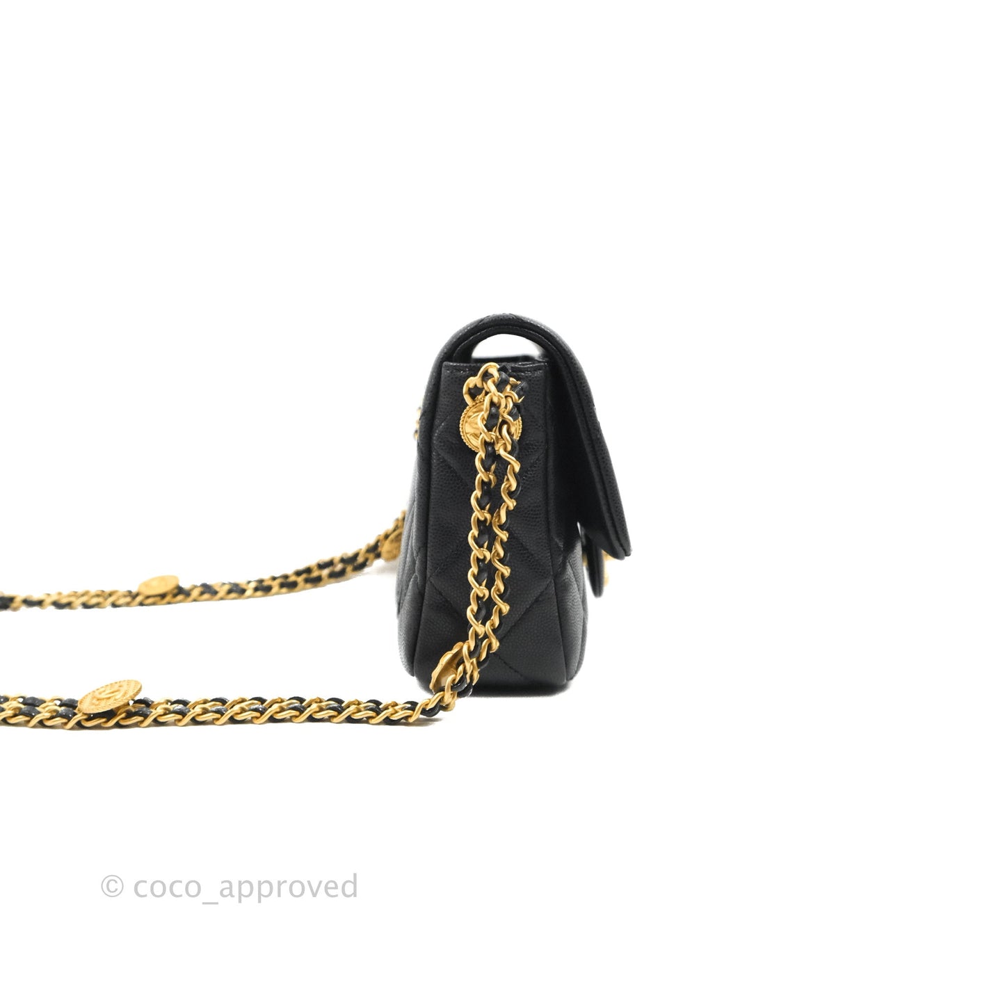 Chanel Small Flap with Coin Charm Black Caviar Aged Gold Hardware 22A