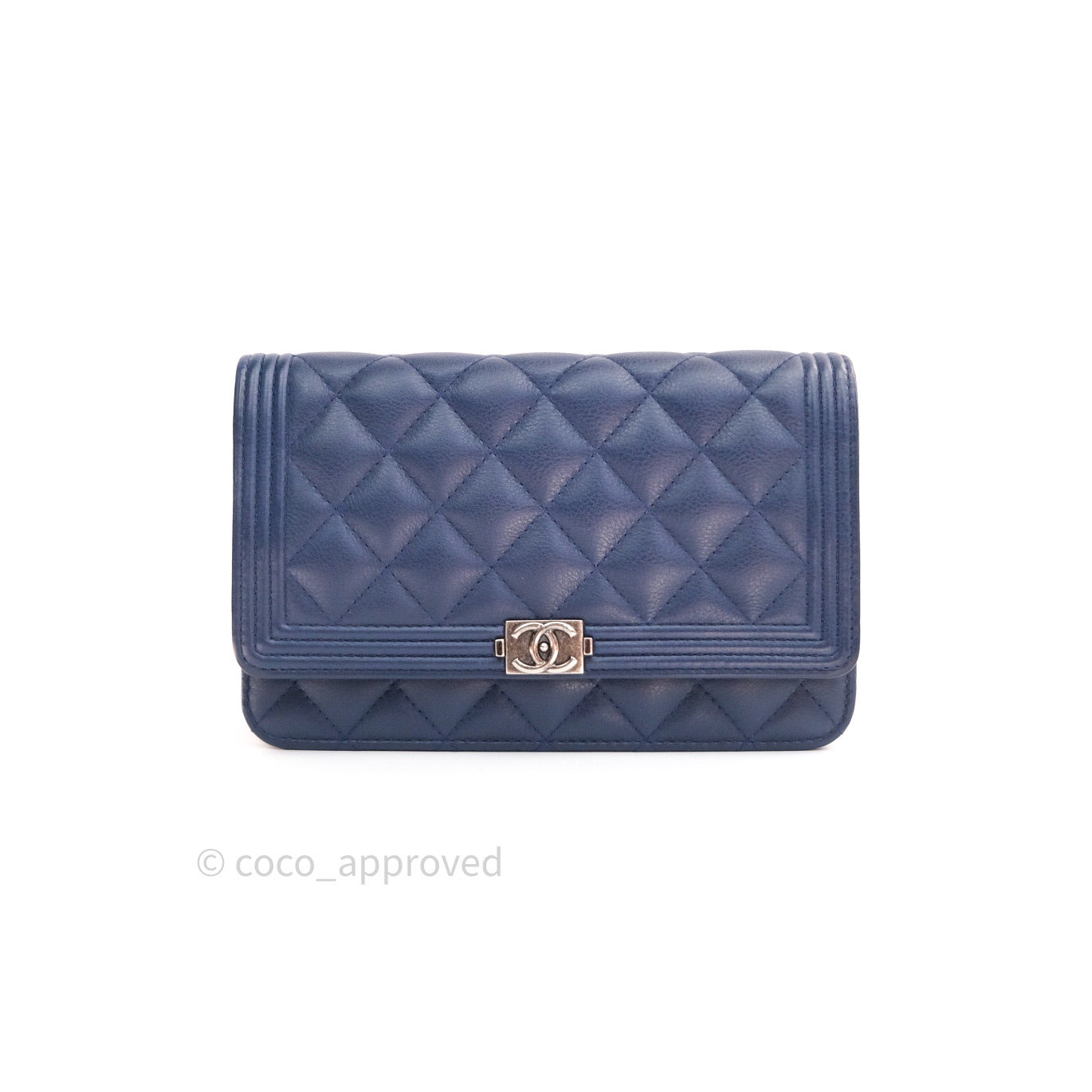 Chanel Quilted Boy Wallet on Chain WOC Blue Grained Calfskin Ruthenium Hardware
