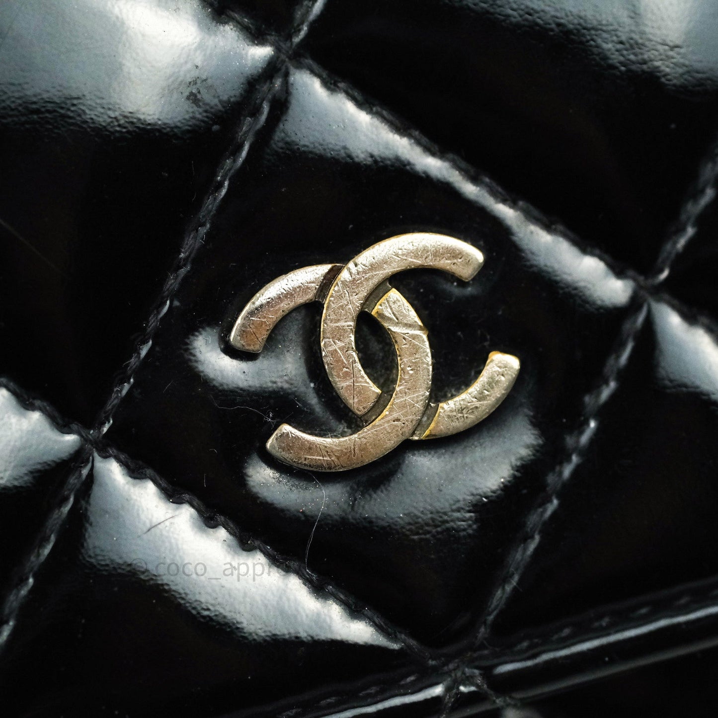 Chanel Quilted Wallet on Chain WOC Black Patent Leather Silver Hardware