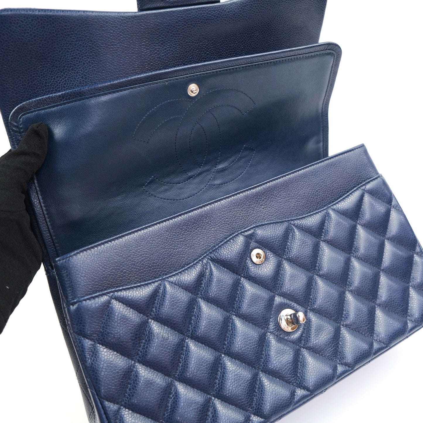 Chanel Classic Jumbo Quilted Double Flap Blue Caviar Silver Hardware⁣⁣